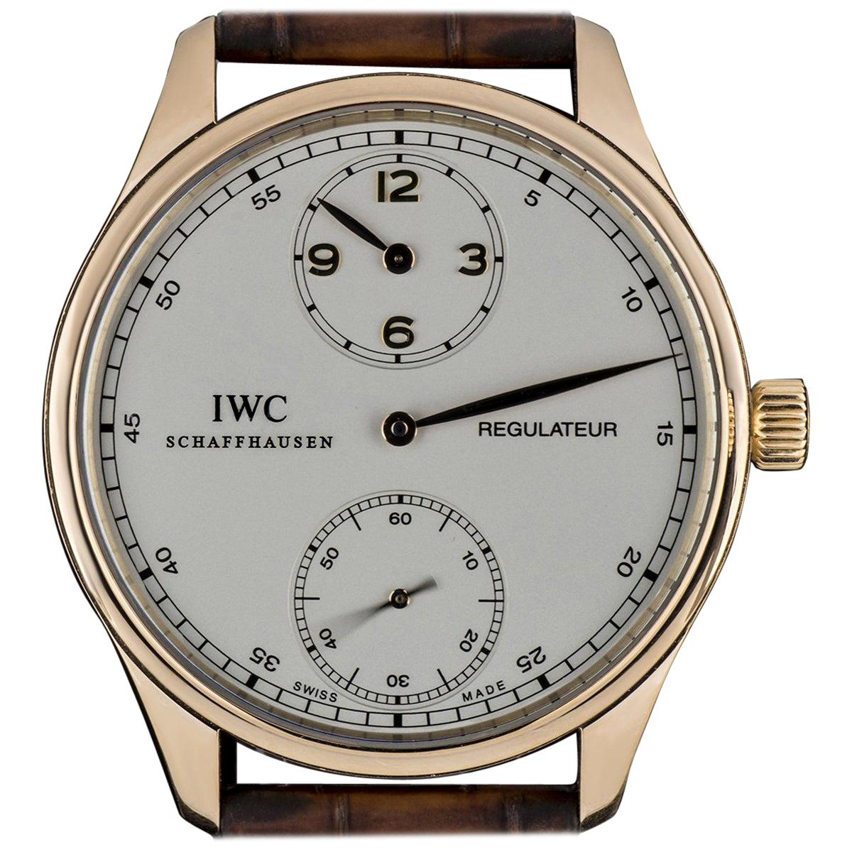 IWC Rose Gold Silver Dial Portuguese Regulateur Manual Wind Wristwatch