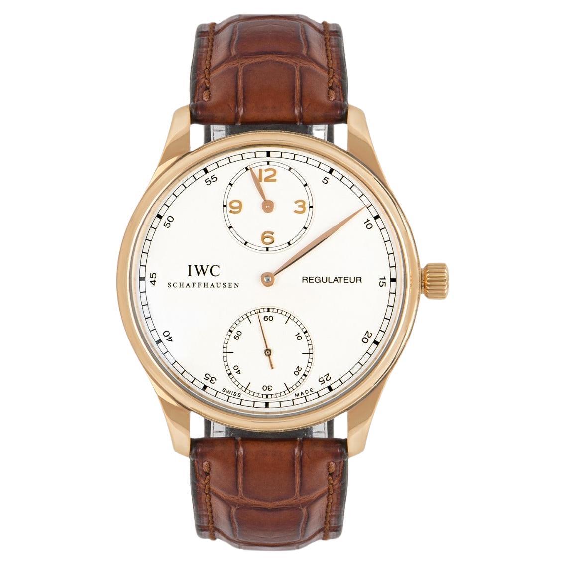 IWC Rose Gold Silver Dial Portuguese Regulateur Manual Wind Wristwatch