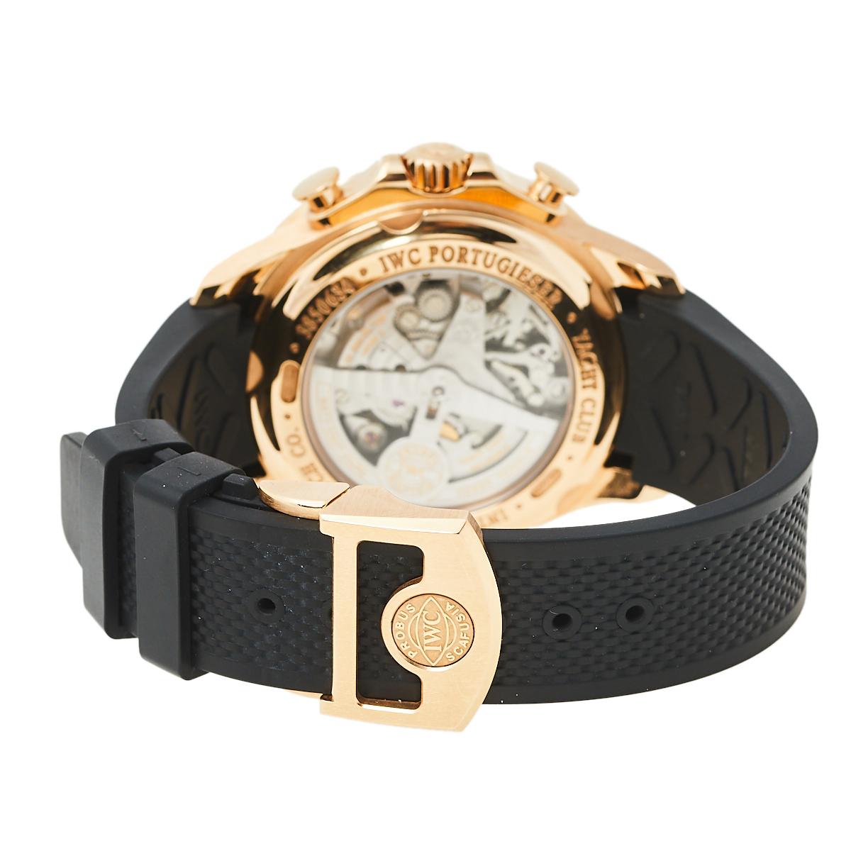 The function to tell time efficiently is magnificently executed via this gem of a timepiece by IWC Schaffhausen. The watch comes in an 18k rose gold case held by rubber straps. A scratch-resistant sapphire crystal protects a grey dial featuring gold