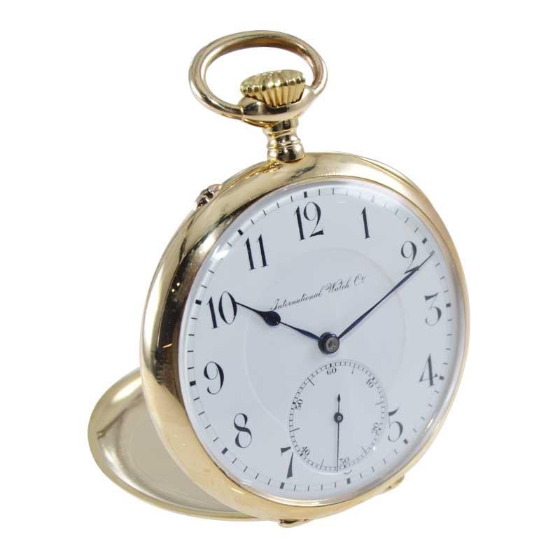FACTORY / HOUSE: International Watch Company / Schaffhausen
STYLE / REFERENCE: Open Faced Pocket Watch
METAL / MATERIAL: 18kt Yellow Gold
CIRCA / YEAR: 1910
DIMENSIONS / SIZE: Diameter 27mm
MOVEMENT / CALIBER: Manual Winding / 17 Jewels / High