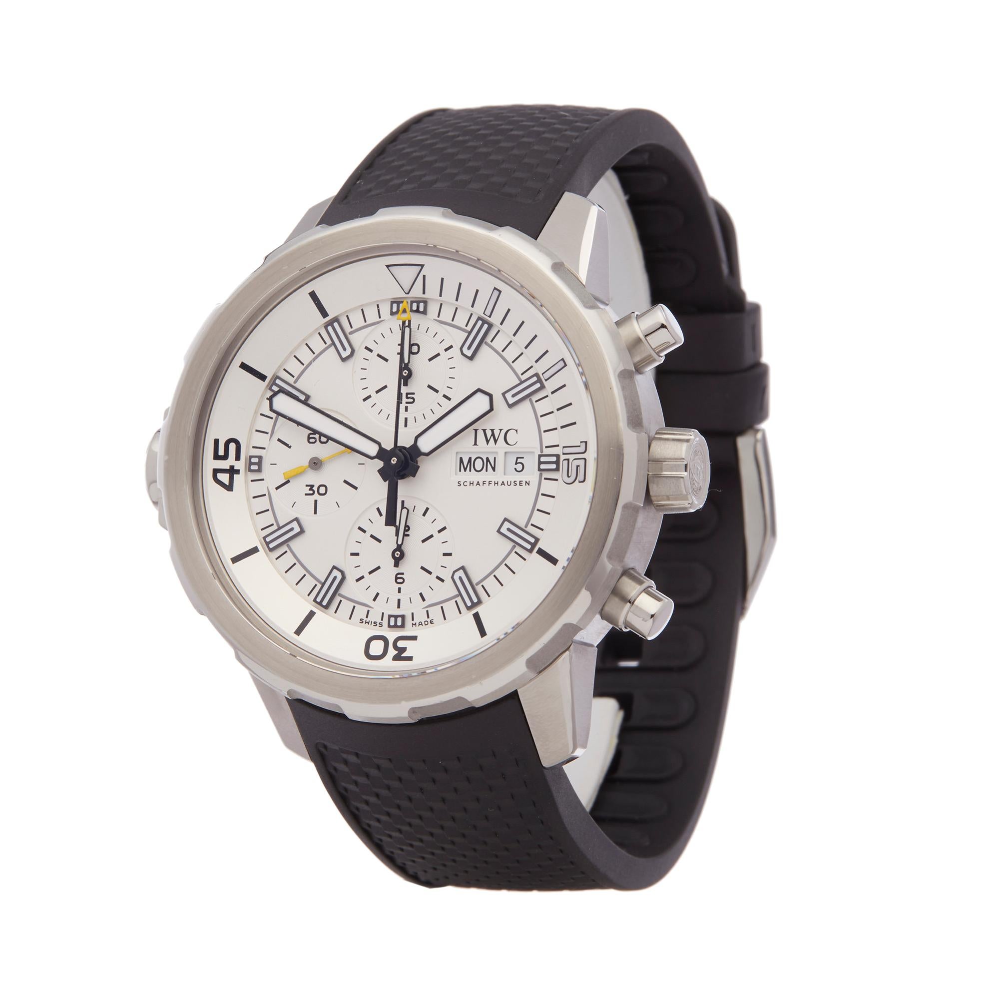 Ref: W6193
Manufacturer: IWC
Model: Schaffhausen Aquatimer 
Model Ref: IW376801
Age: 15th September 2015
Gender: Mens
Complete With: Box, Manuals, Guarantee, Cleaning Cloth and Service Pouch & Papers dated 28th June 2019
Dial: White Baton
Glass: