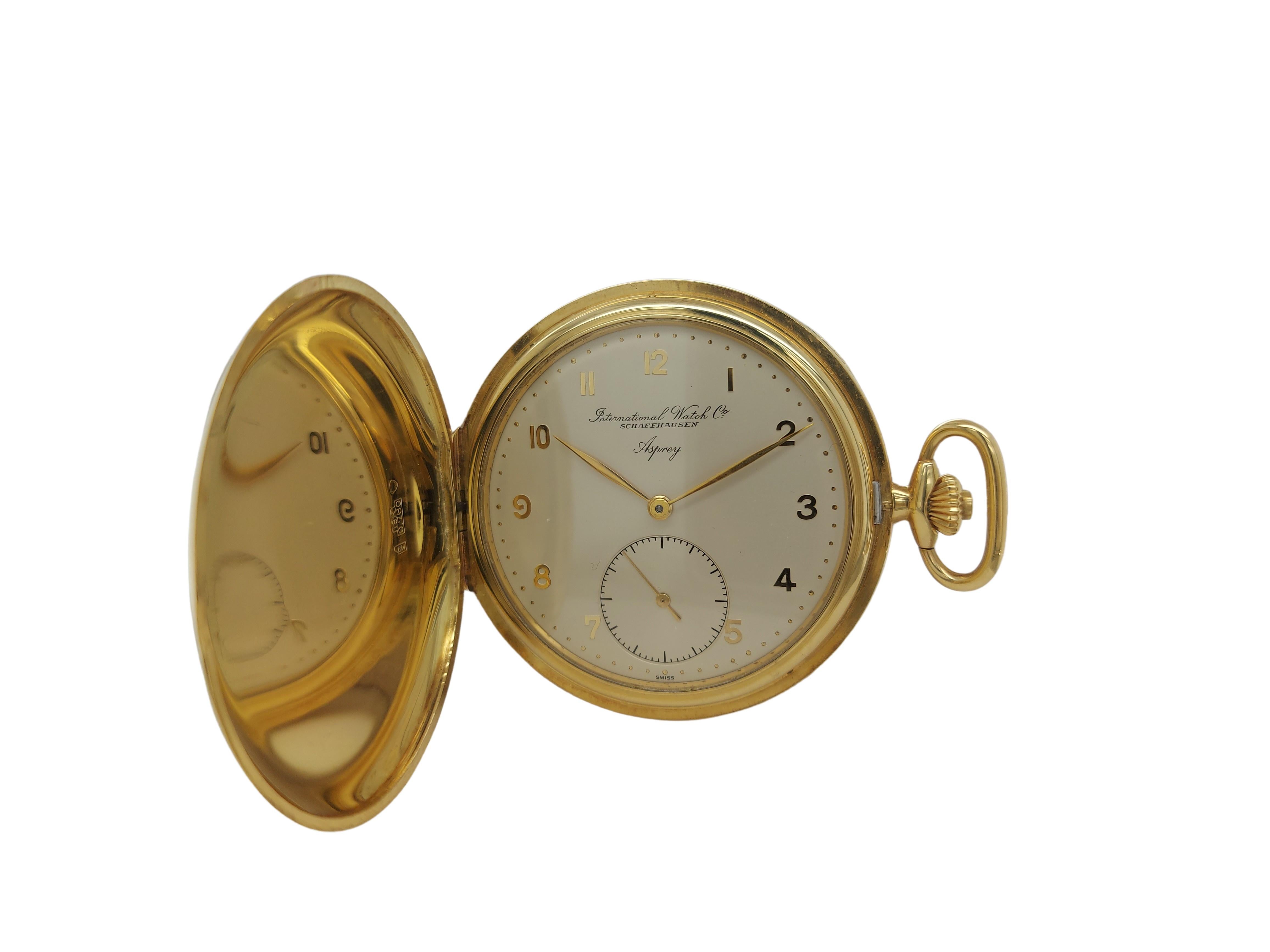 Unique Beautiful and Collectable IWC Savonette/Hunting Case Pocket watch made For Asprey.

49mm 18k yellow gold hunting case with double caseback.

Ivory dial with large Arabic numerals and small seconds at 6 o'clock.

Gold lance hands,