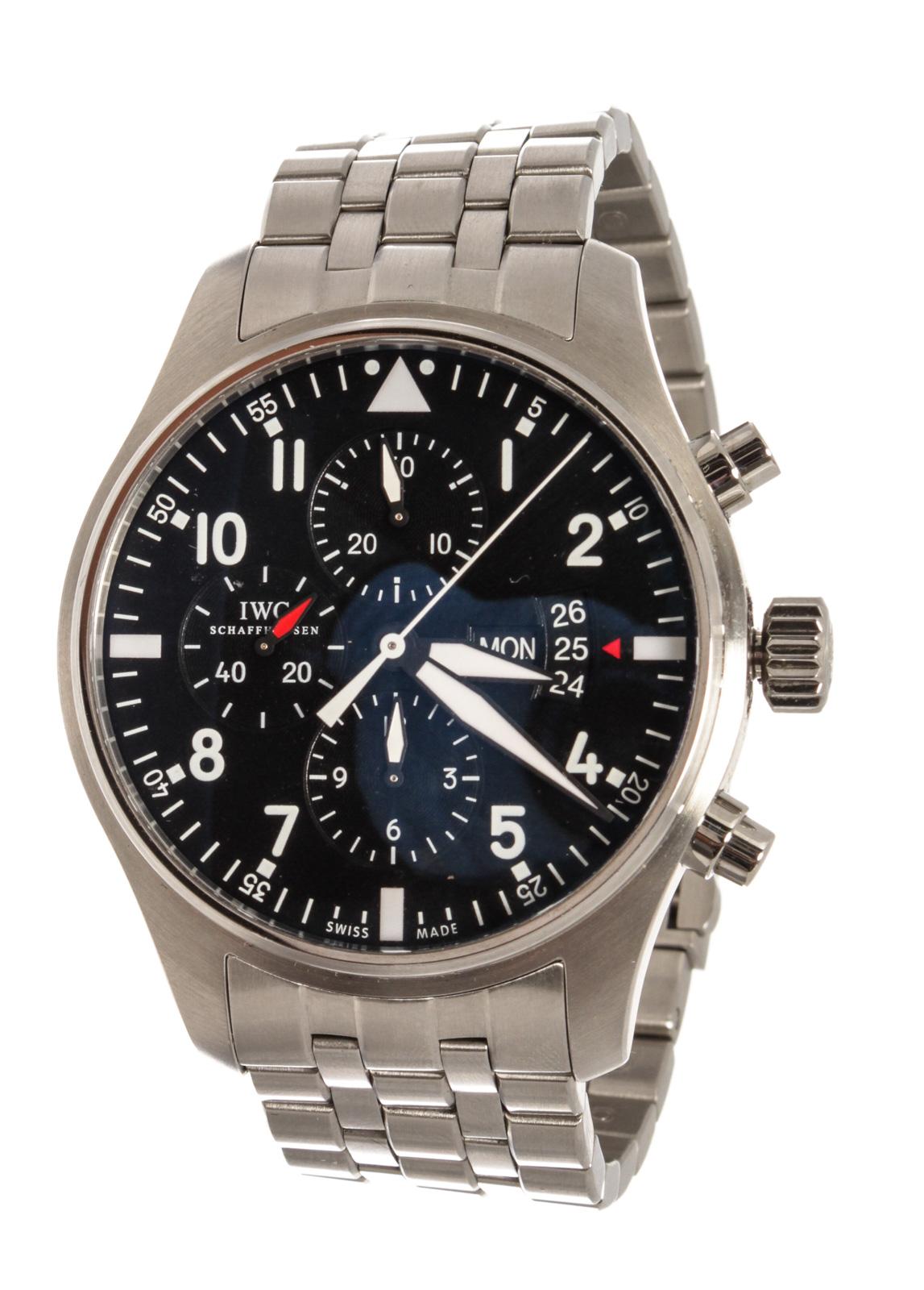 IWC Schaffhausen Pilot Fliegeruhr Chronograph Watch features stainless steel case with diameter 43mm and strap, sporty black dial, and sapphire glass, convex, antireflective coating on both sides.

Â 

52979MSC