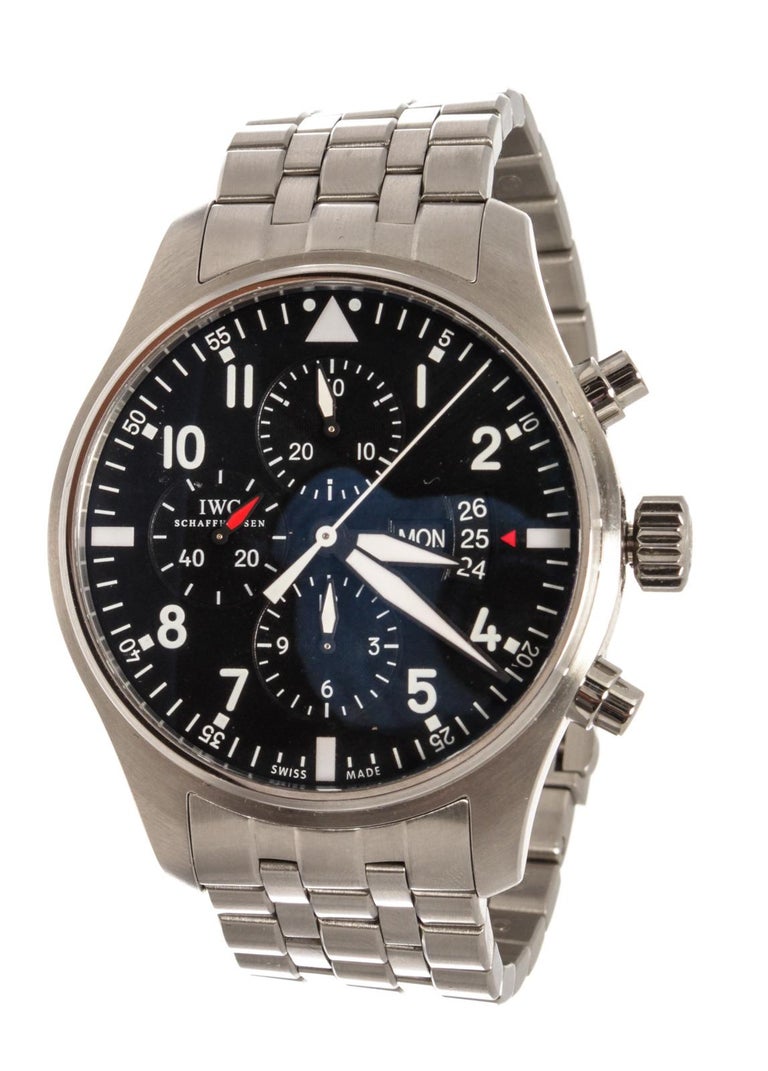 IWC Schaffhausen Black Silver Pilot Fliegeruhr Chronograph Watch For Sale  at 1stDibs