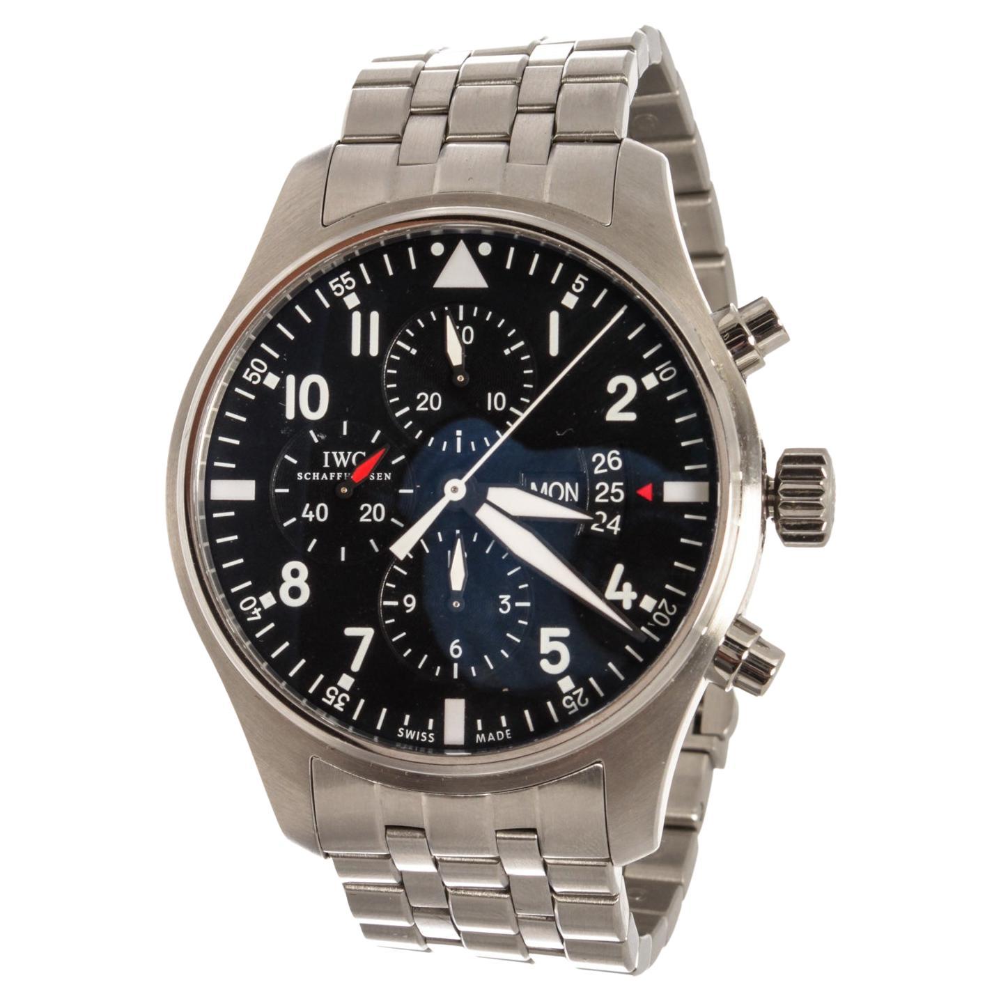 IWC Schaffhausen Black Silver Pilot Fliegeruhr Chronograph Watch For Sale