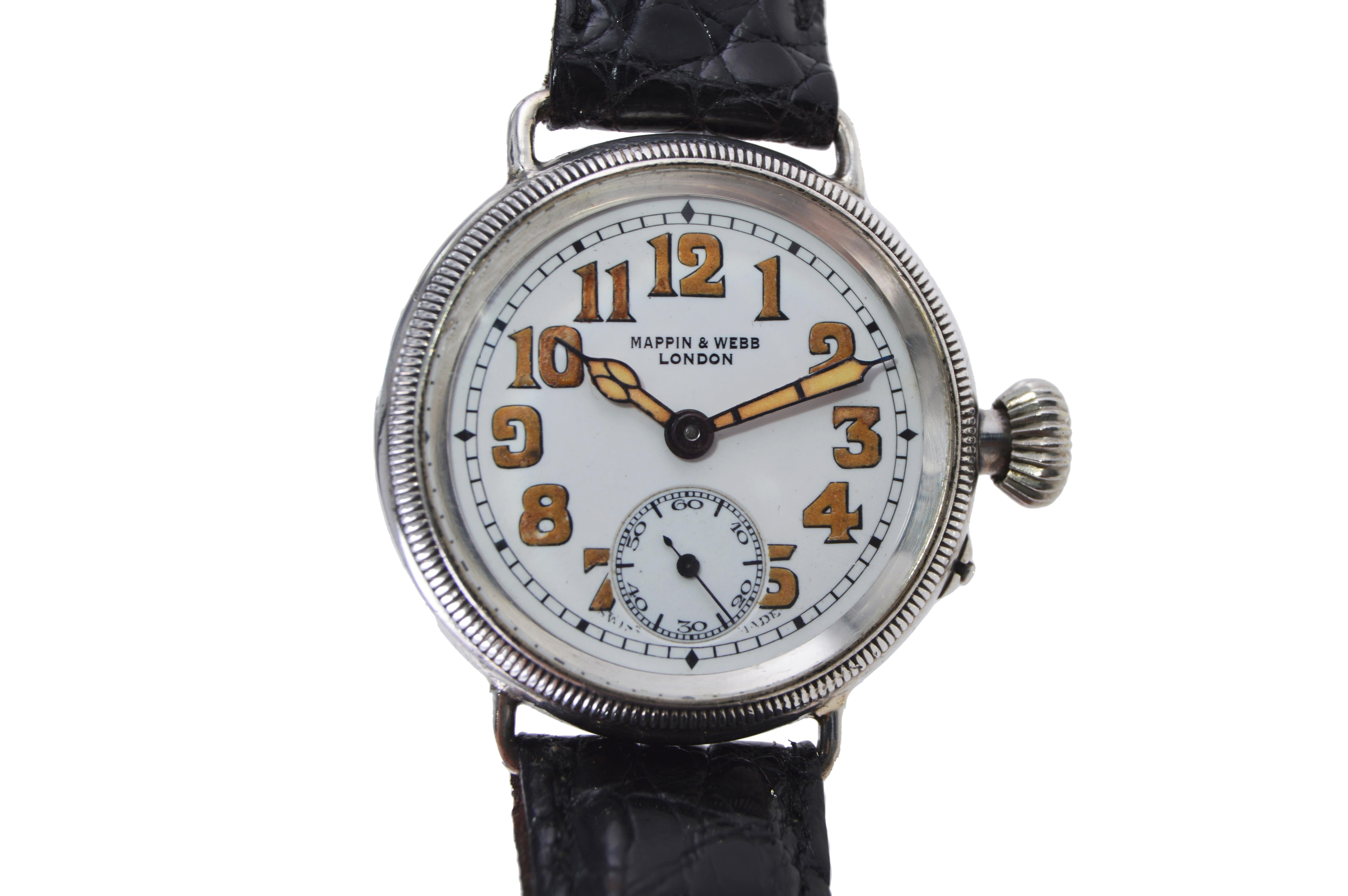 Art Deco IWC Schaffhausen For Mappin & Webb Sterling Silver Campaign Style Manual Watch For Sale