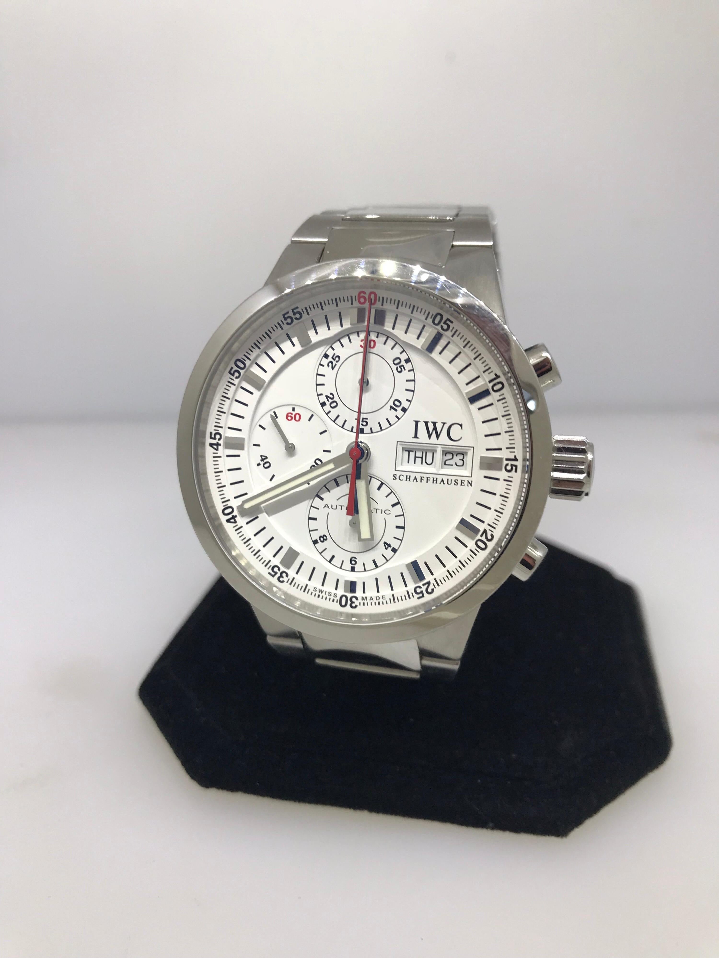 IWC Schaffhausen GST Chronograph Split-Second Men's Watch

Model Number: IW3715-23

100% Authentic

New / Old Stock

Comes with generic watch box

Stainless Steel Case & Bracelet

White Dial & Subdials

Case Diameter: 42mm

Last Known Retail was