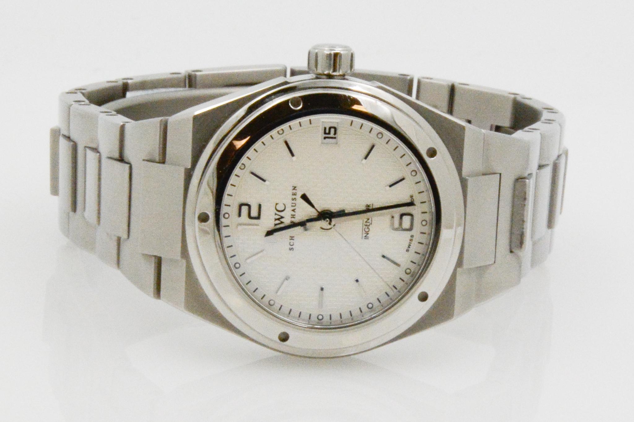 • Model: Ingenieur
• Movement: Automatic
• Case Size: 34mm 
• Case Material: Stainless steel
• Dial: White
• Strap: Stainless steel
• Closure/Clasp Type: Pushbutton deployment clasp
• CIRCA 2009; comes with papers only
• Excellent Condition 

The
