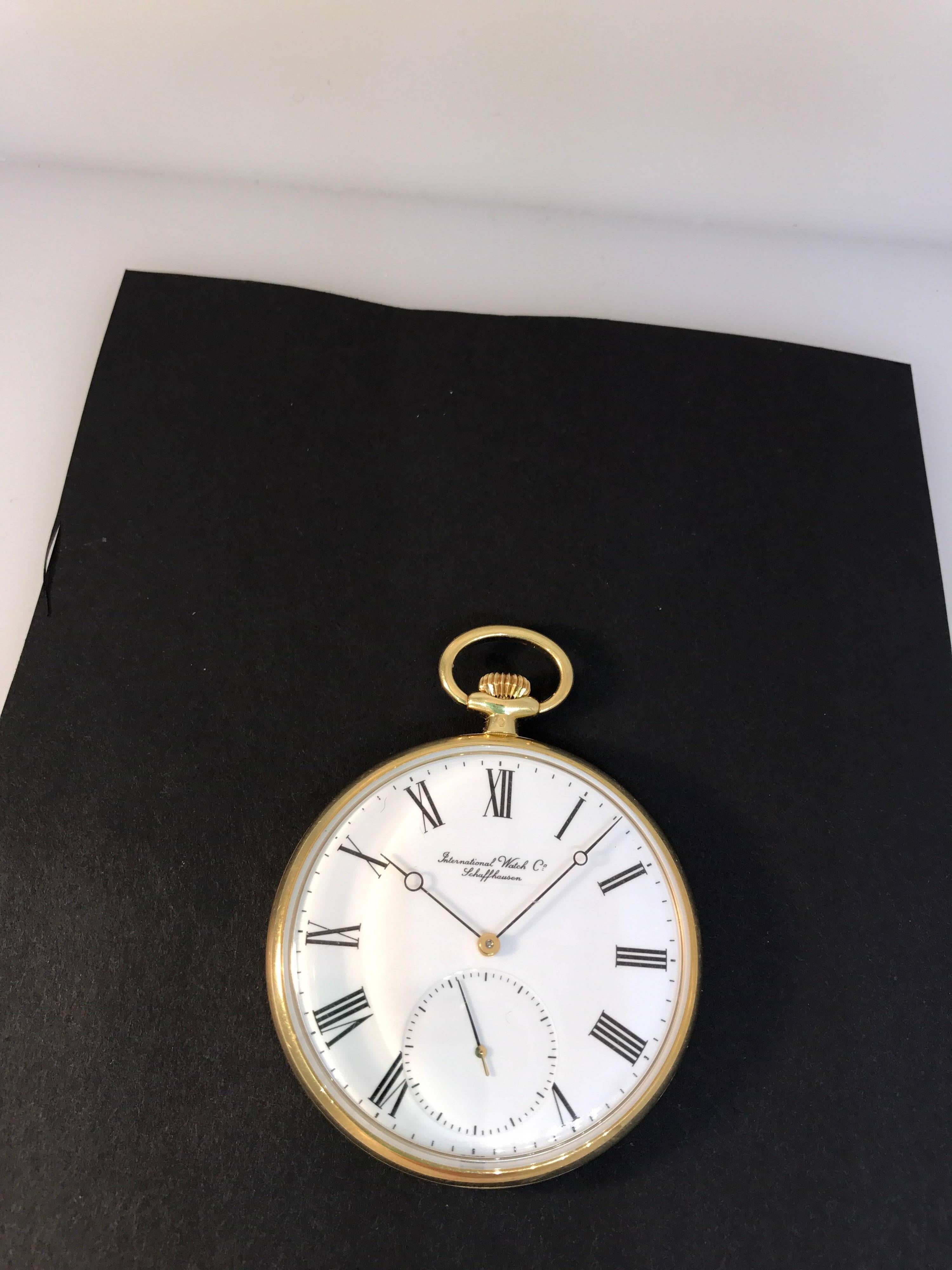 IWC Schaffhausen Lepine Pocket Watch

Model Number: 5201-001

100% Authentic

New / Old Stock

Comes with original IWC Schaffhausen Box

18 Karat Yellow Gold

White Dial

Mechanical Manual Wind Movement

Retails for $8,700