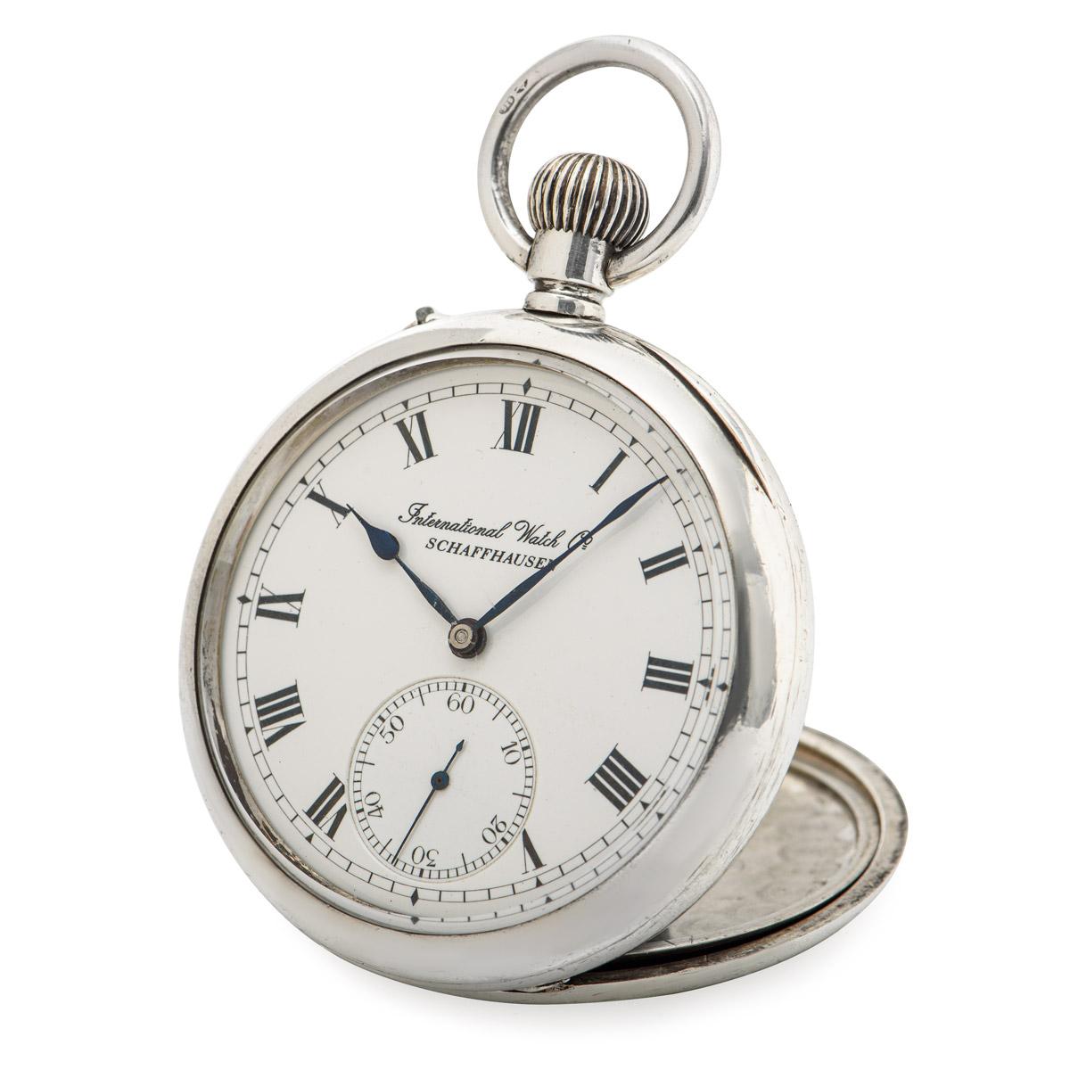 IWC a very rare fishtail keyless lever open face silver pocket watch, C1915 with it's original box.

Dial: The perfect white enamel Roman dial with subsidiary seconds dial fully signed International Watch Company Schaffhausen.

Case: The beautiful