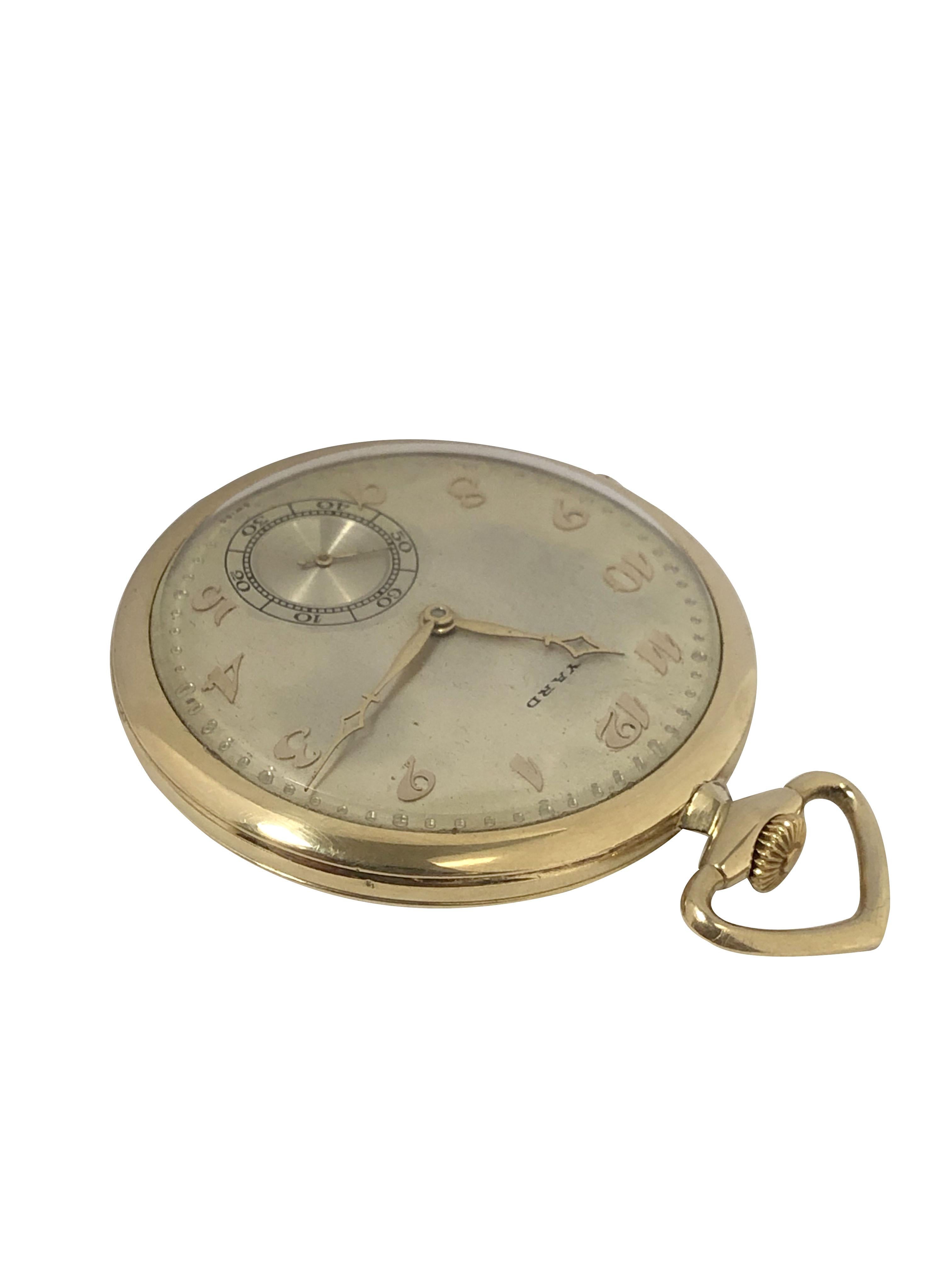 Circa 1930 International Watch Company IWC Schaffhausen Pocket Watch Retailed by Raymond Yard, 44 M.M. Diameter and 8 M.M. thick 14K Yellow Gold case by Cress Arrow. 17 Jewel Mechanical, Manual wind Nickle lever movement. Original Excellent