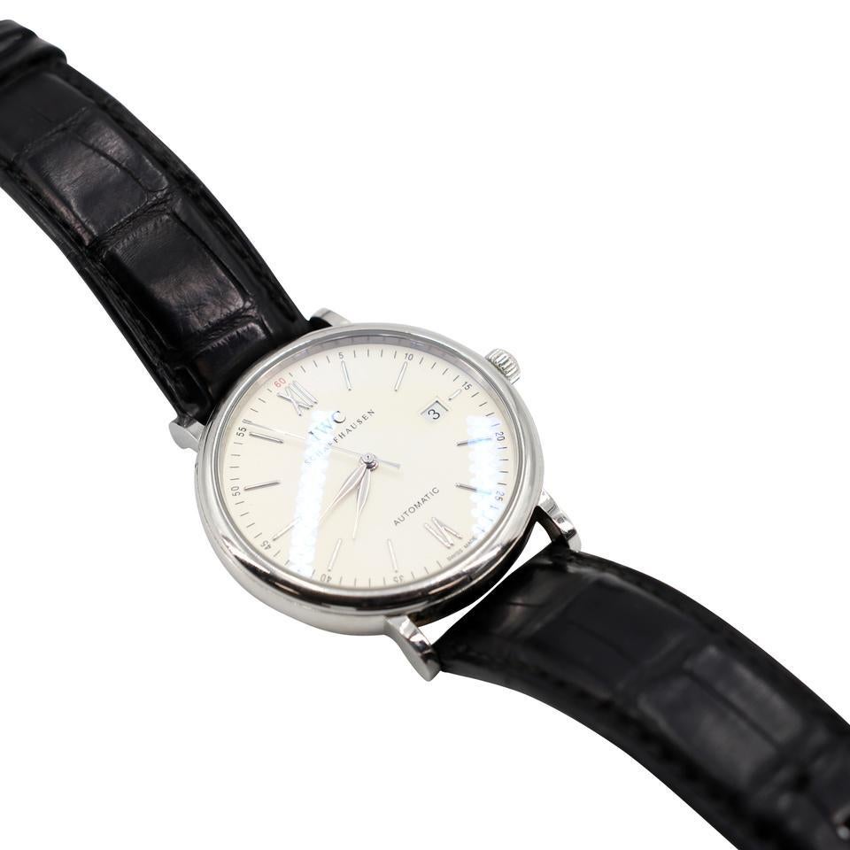 IWC Silver XL Portofino Stainless Steel Crocodile Leather Watch For Sale 2