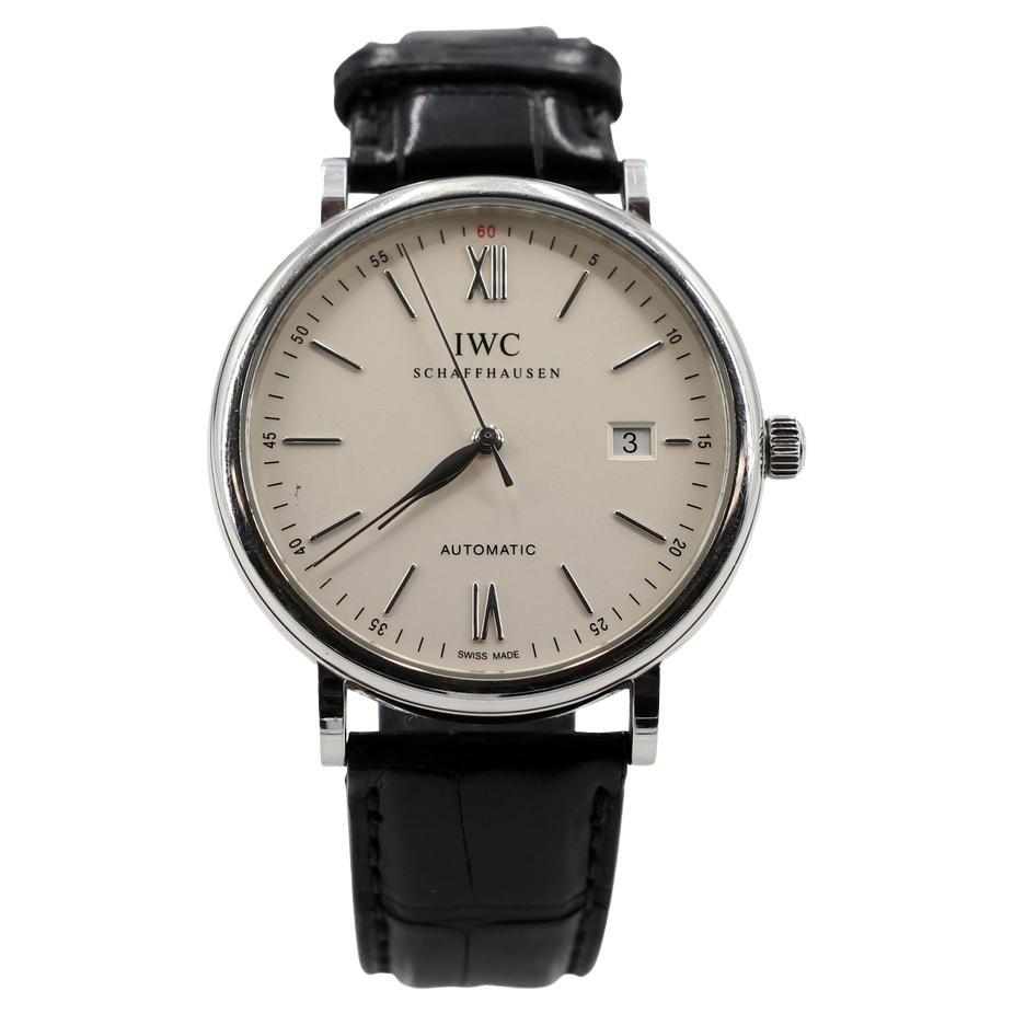 IWC Silver XL Portofino Stainless Steel Crocodile Leather Watch For Sale