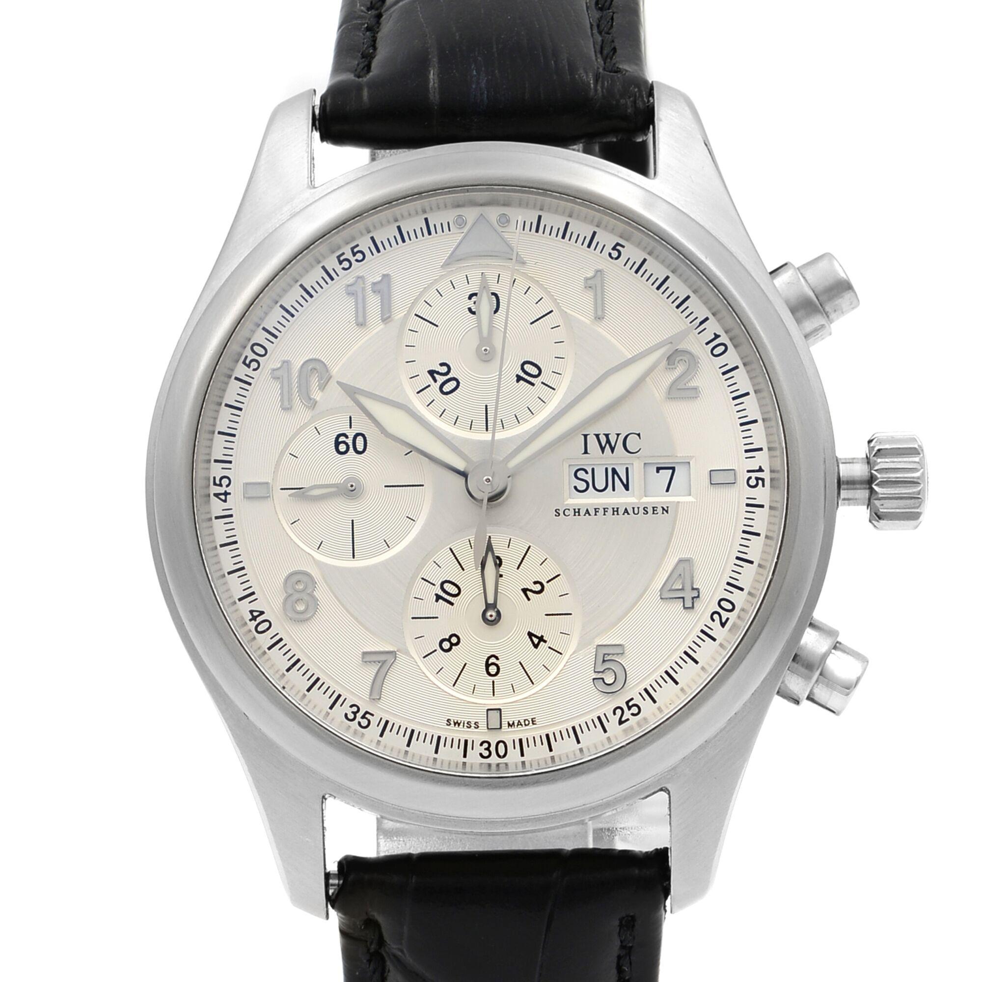 This pre-owned IWC Pilot IW371702 is a beautiful men's timepiece that is powered by mechanical (automatic) movement which is cased in a stainless steel case. It has a round shape face, day indicator, chronograph, chronograph hand, date indicator,