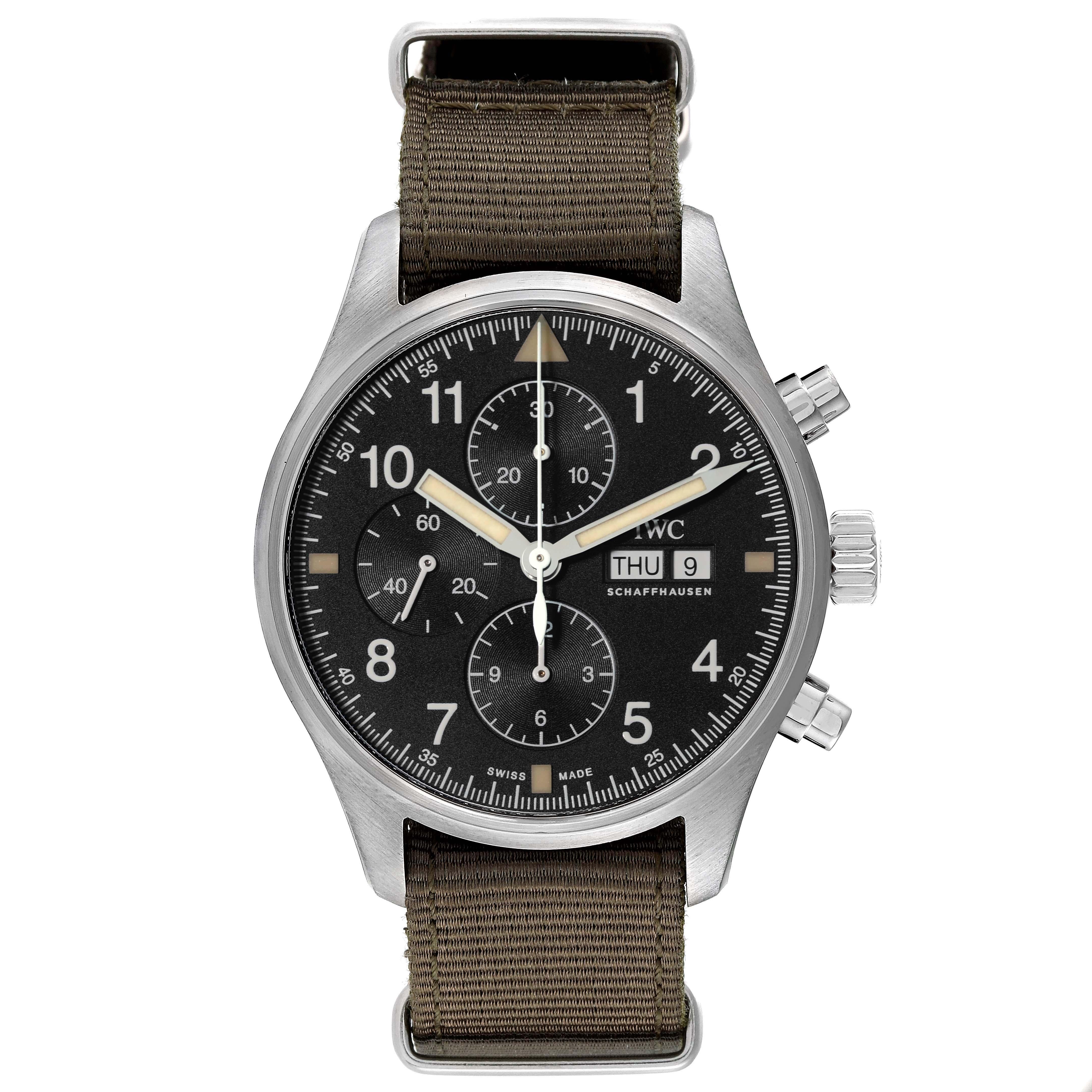 IWC Spitfire Pilot Steel Black Dial Chronograph Mens Watch IW377724 Box Card. Automatic self-winding chronograph movement. Stainless steel case 43.0 mm in diameter. Stainless steel bezel. Scratch resistant sapphire crystal. Black dial with