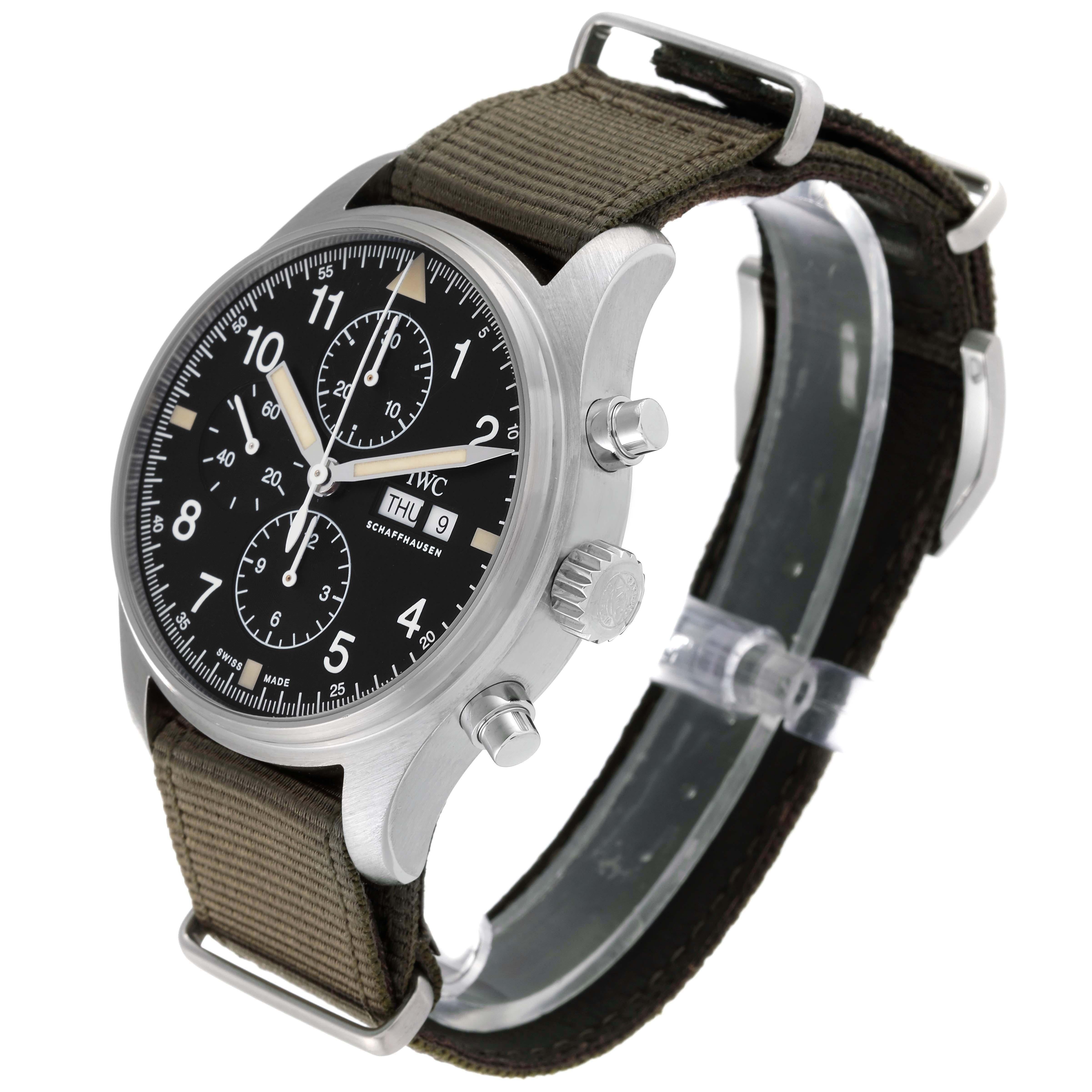 IWC Spitfire Pilot Steel Black Dial Chronograph Mens Watch IW377724 Box Card In Excellent Condition For Sale In Atlanta, GA