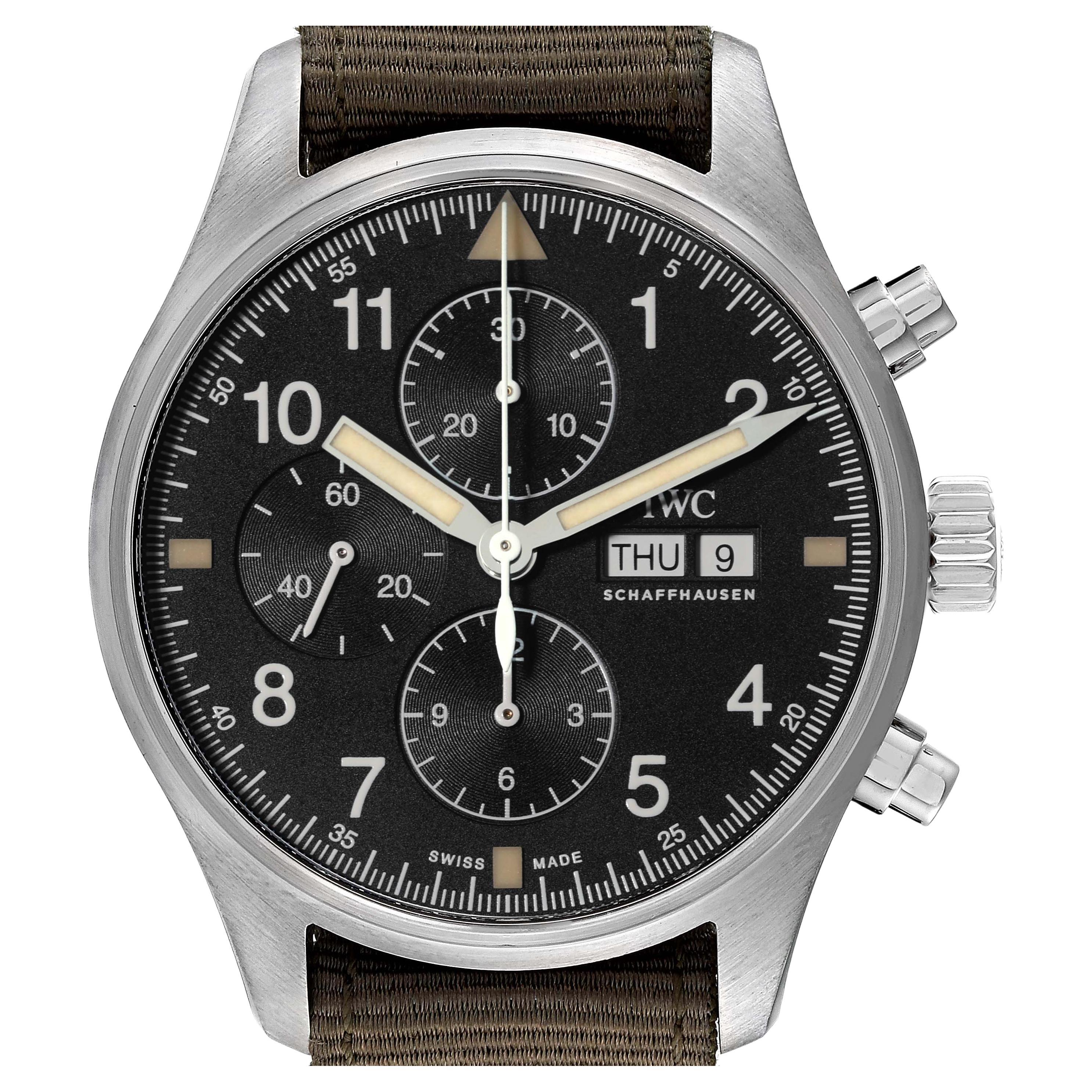IWC Spitfire Pilot Steel Black Dial Chronograph Mens Watch IW377724 Box Card For Sale