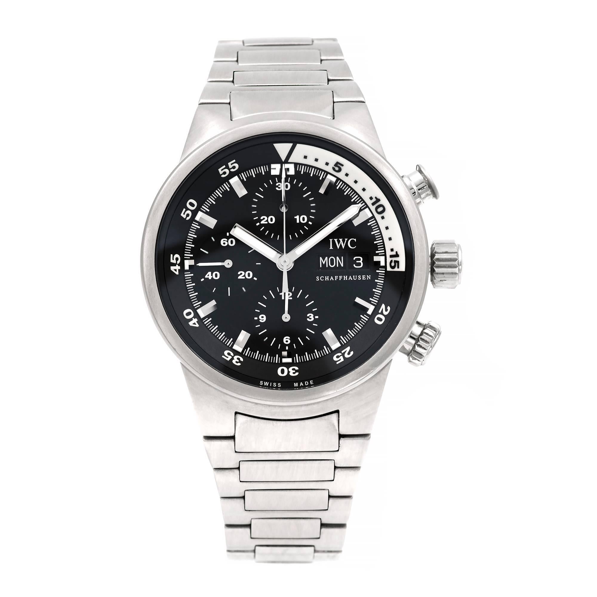 IWC International Watch Company stainless steel Aquatimer Automatic Chronograph wrist watch. All original, with full size steel band.

Stainless Steel
179.3 grams
Length: 8 3/8 inches – can be shortened
Length: 50mm
Width: 42mm
Band width at case: