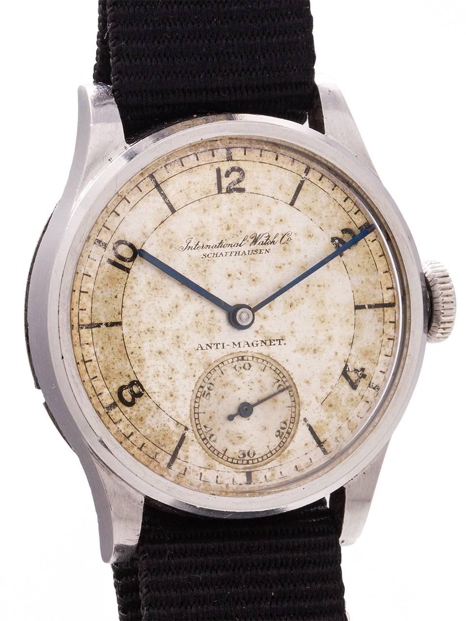 
Vintage IWC manual wind classic Calatrava style case, from WWII, circa mid 1940’s. A scarce and desirable medium size at 31 x 37mm. The watch is powered by the famous, and greatly sought after, IWC Cal.83 manual wind movement with subseconds. With