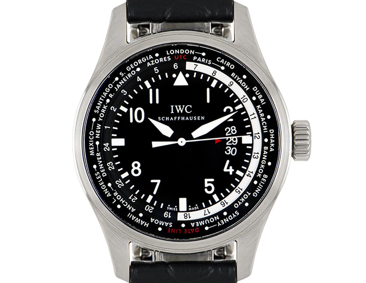 A 45 mm stainless steel Pilot's Watch Worldtimer originally released in 2012 by IWC. Features a black dial with a date display and 24-hour display for the Worldtimer function. An original black leather strap comes with an original stainless steel