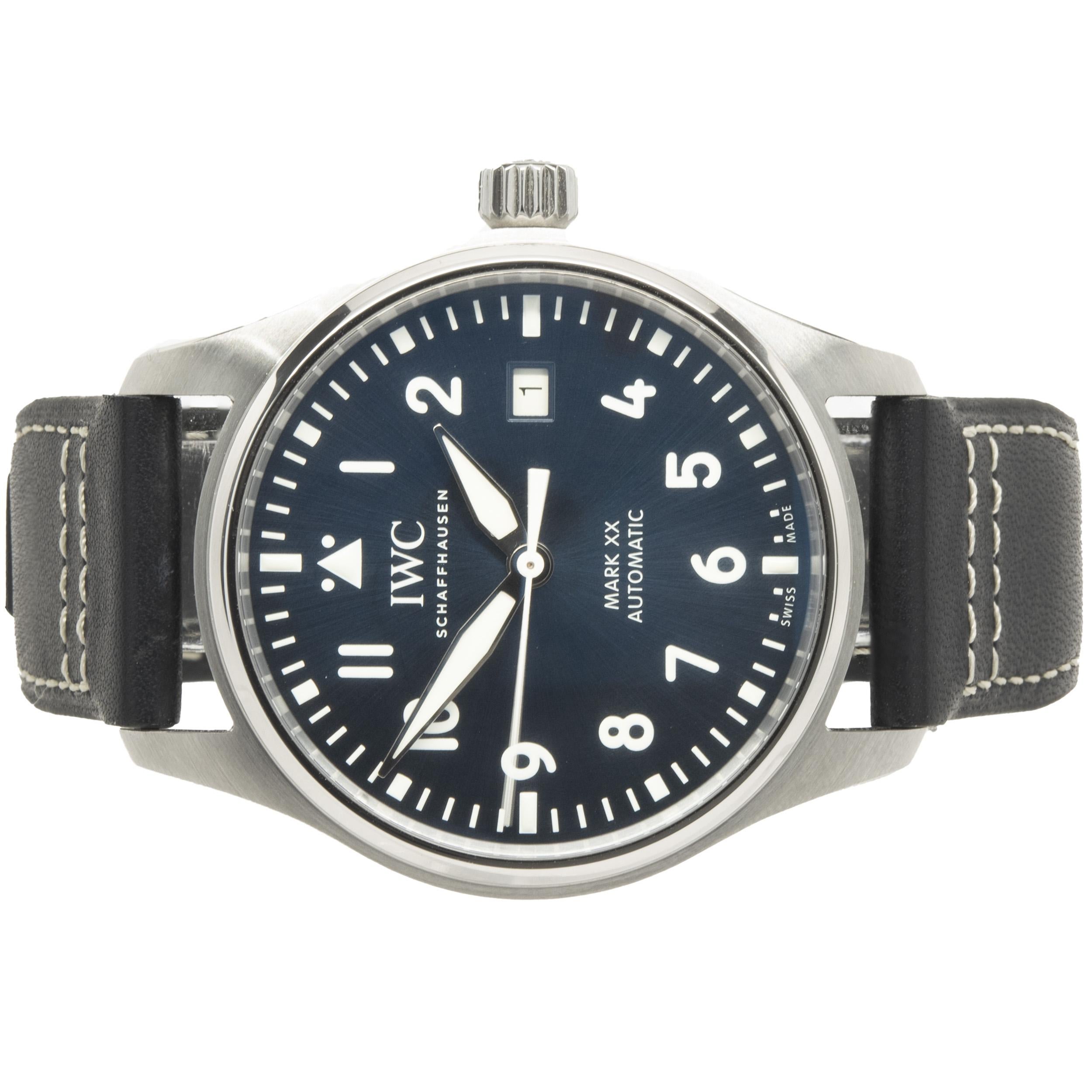 Brand: IWC
Movement: automatic
Function: hour, minutes, seconds, date
Case: 40mm stainless steel round case, sapphire crystal
Band: black leather, stainless steel buckle
Dial: blue arabic 
Reference #: IW328203
Serial #: 6382XXX
Complete with box