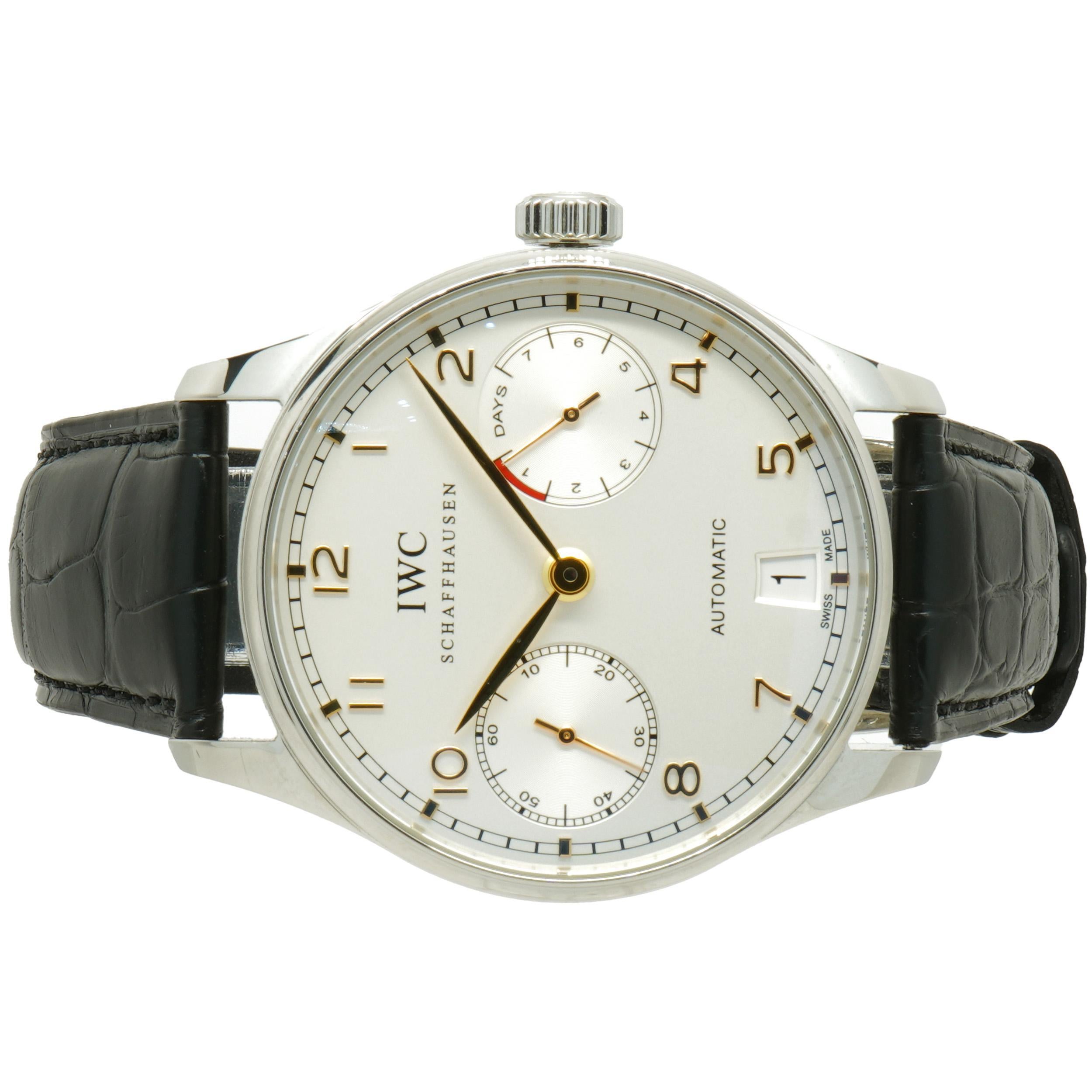 Movement: automatic
Function: hours, minutes, seconds, date, 7-day
Case: 42mm stainless steel case, sapphire crystal, push/pull crown
Band: IWC black leather, deployment
Dial: white, rose arabic
Reference #: IW500114
Serial #: