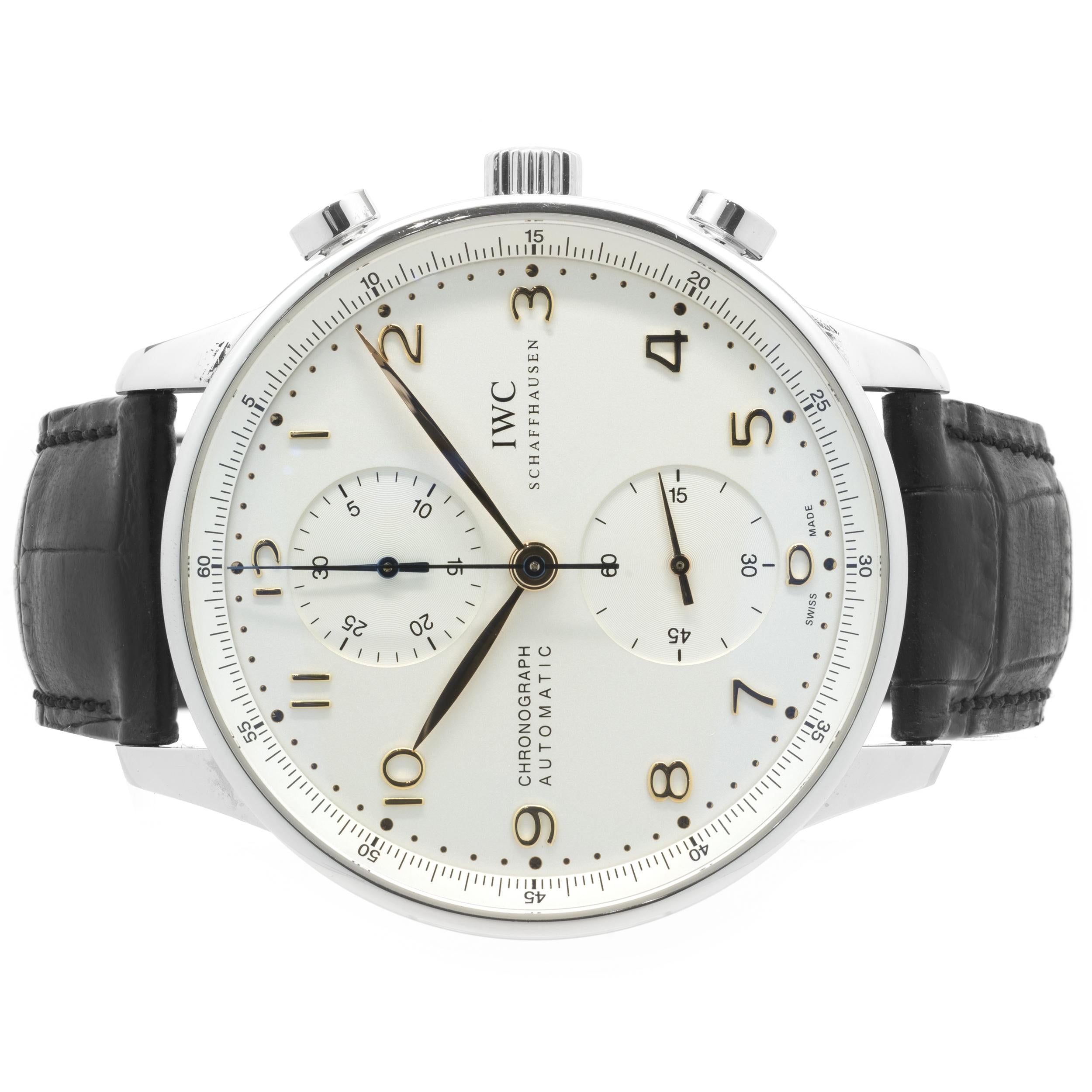 Brand: IWC
Movement: automatic
Function: hour, minutes, seconds, date, chronograph
Case: 41mm stainless steel, sapphire crystal, screw down crown
Band: black alligator strap with buckle
Dial: white dial, rose arabic dial, rose hands
Reference #: