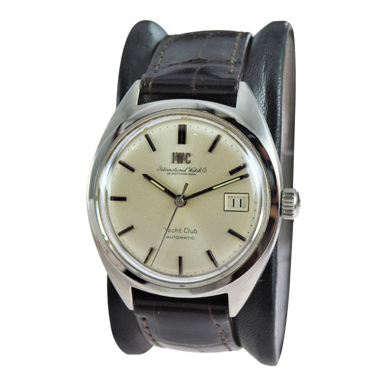FACTORY / HOUSE: I.W.C. (International Watch Co)
STYLE / REFERENCE: Yacht Club / R810
METAL / MATERIAL: Stainless Steel
CIRCA / YEAR: 1970's
DIMENSIONS / SIZE: Length  43mm x Diameter 36mm
MOVEMENT / CALIBER: Automatic Winding / Cal 8541B
DIAL /
