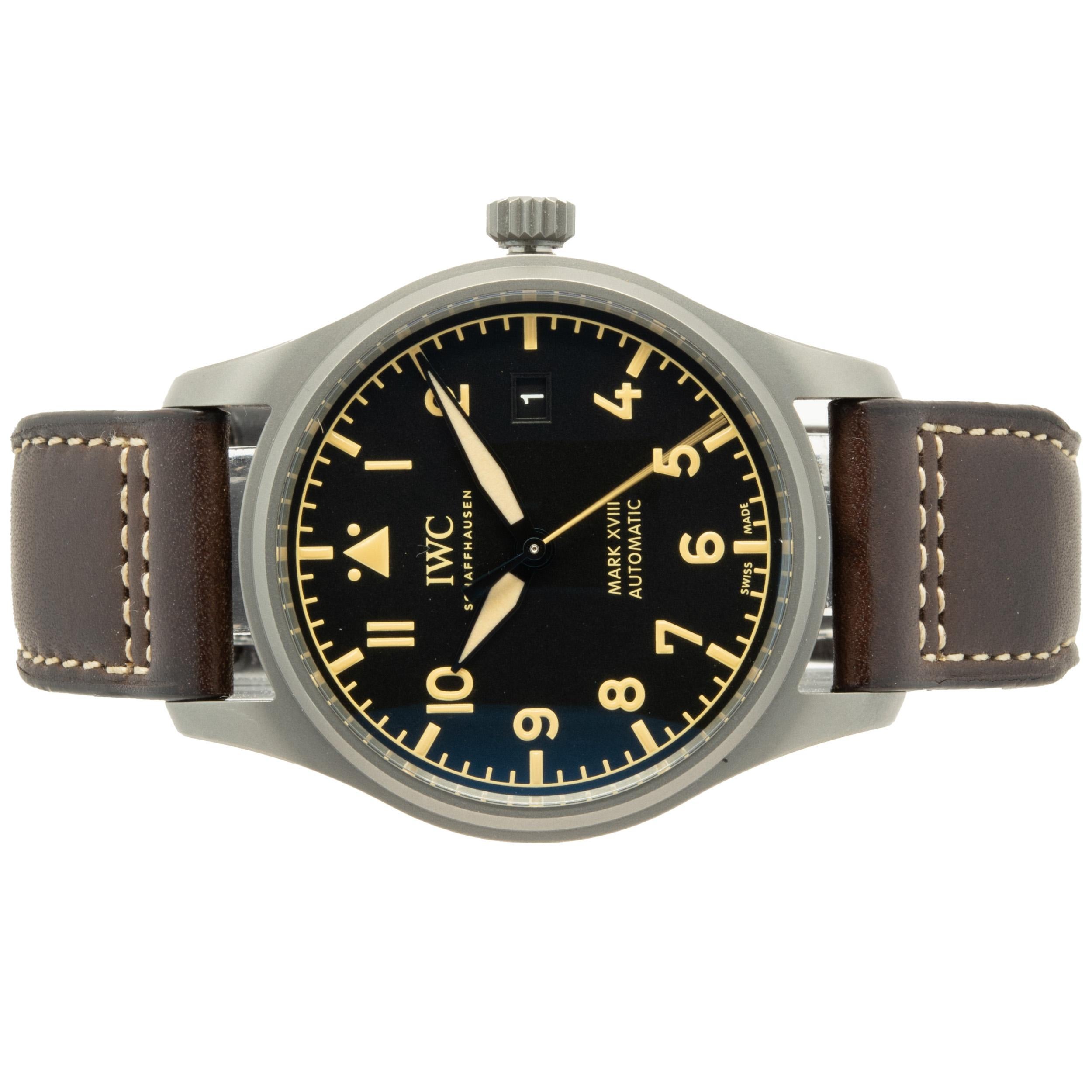 Brand: IWC
Movement: automatic
Function: hours, minutes, seconds, date
Case: 40mm round case, sapphire crystal, push/pull crown, smooth bezel
Band: brown leather strap, buckle
Dial: black arabic
Reference #: IW327006
Serial #: 5650XXX
Complete with