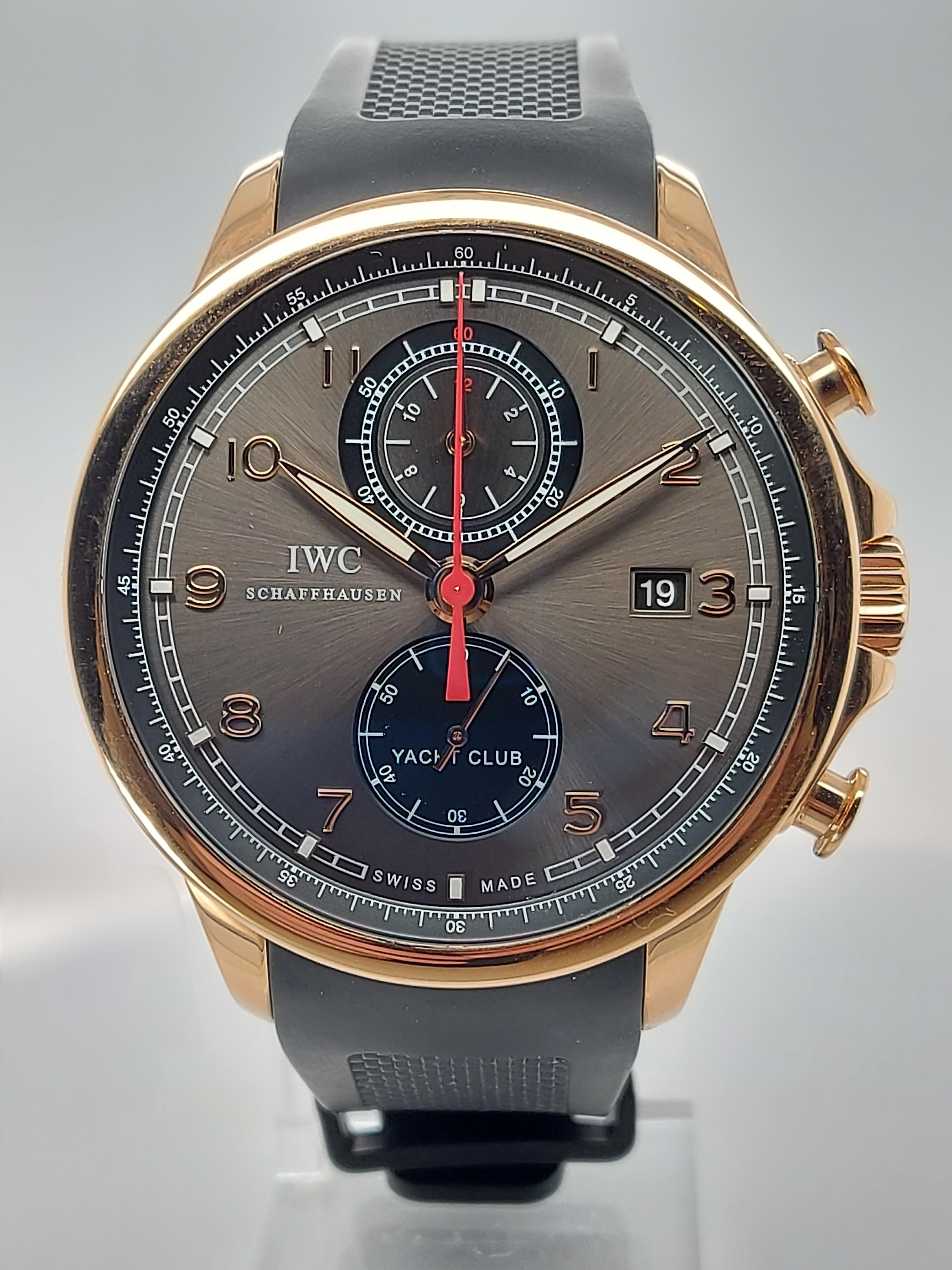 IWC Yacht Club Chronograph, Automatic, 18 kt Pink gold case, 45 mm With Box & Papers

Reference: IWC Yacht Club Chronograph,  	IW390209

Movement: Automatic, self winding, Power reserve 48 hours

Functions: Chronograph function with hours, minutes,