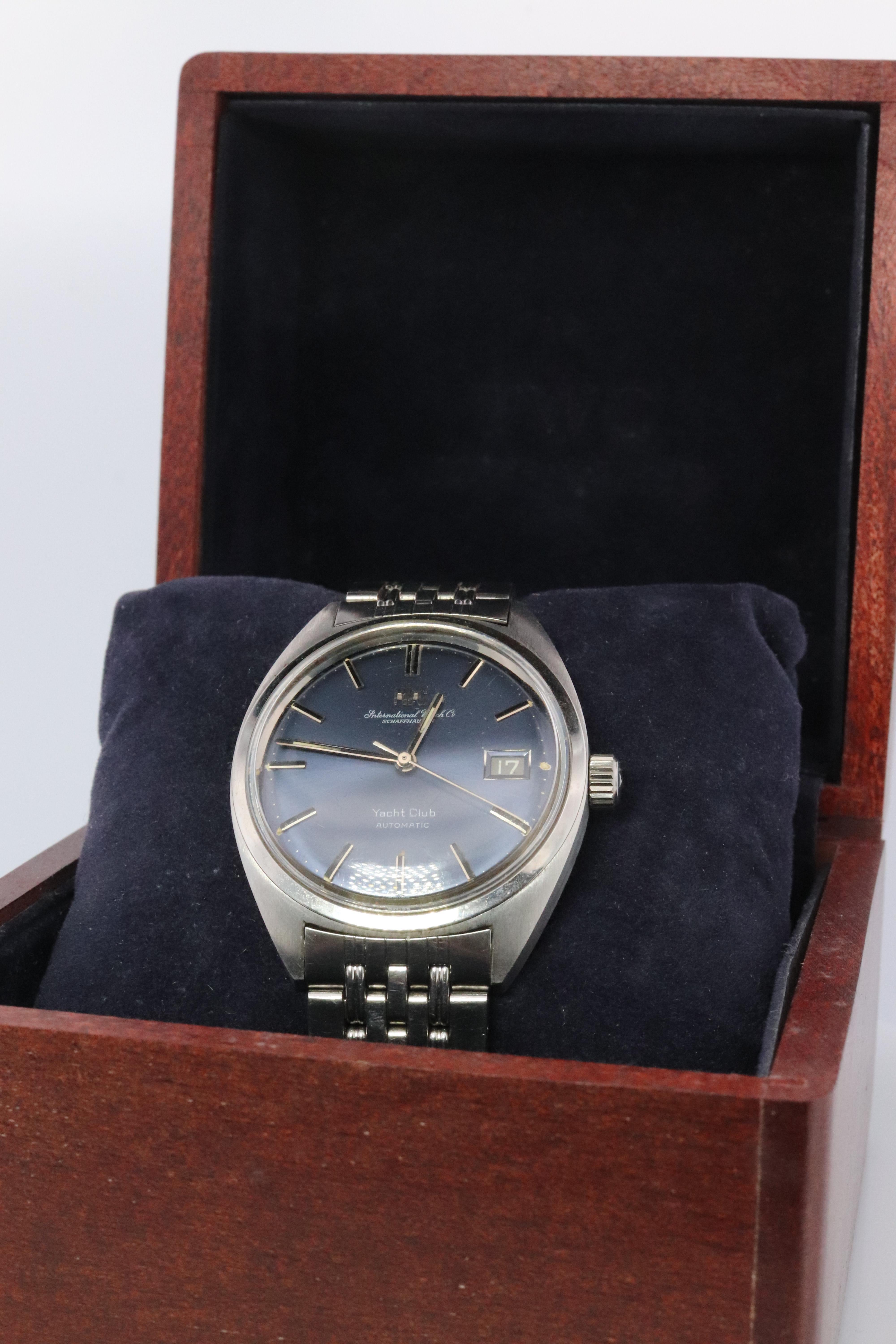 Rare IWC Internation Watch Co. Yacht Club Fully Automatic watch.

Made in 1970.

Ref. 811

Sought After Blue Dial. Blue Date Disk.

Original IWC stainless steel Bracelet. 

Condition: Shows some wear on the bracelet and case. Crystal has tiny