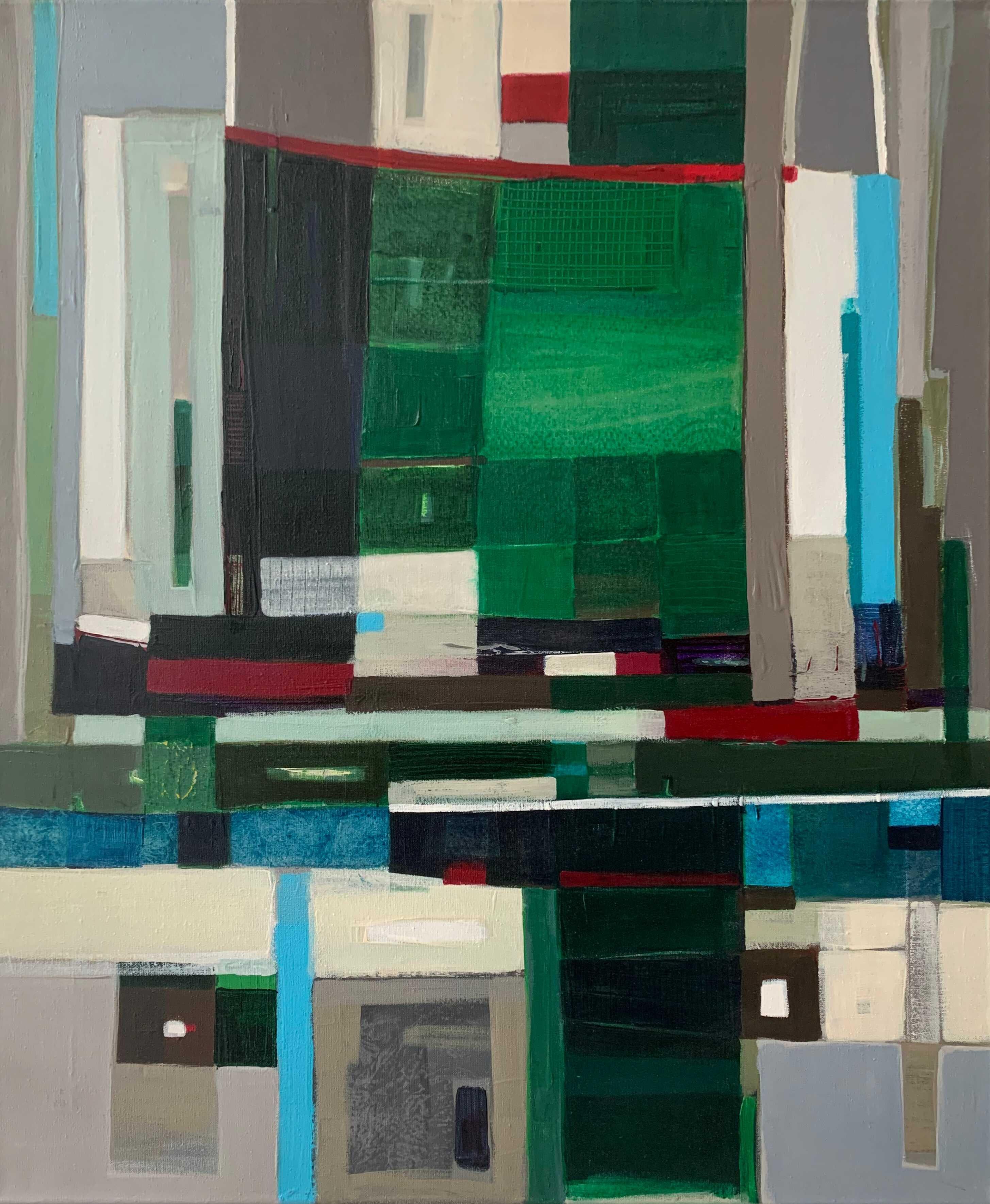 Abstract Painting Iwona Delińska - Un vert. Peinture à l'huile abstraite géométrique, artiste polonais