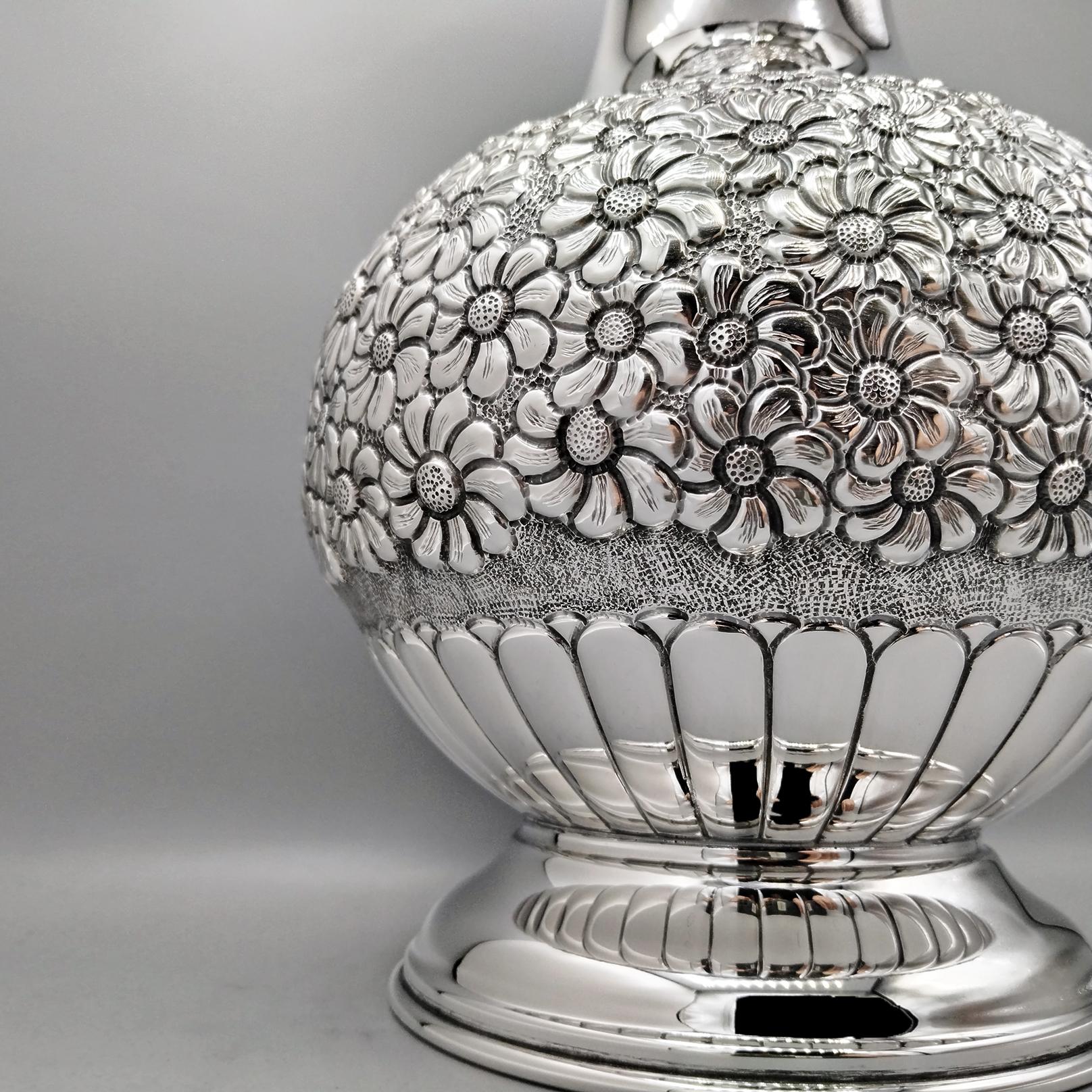 Hand-Crafted IXX Century talian solid 800 silver Vase with embossed and chiseled flowers For Sale