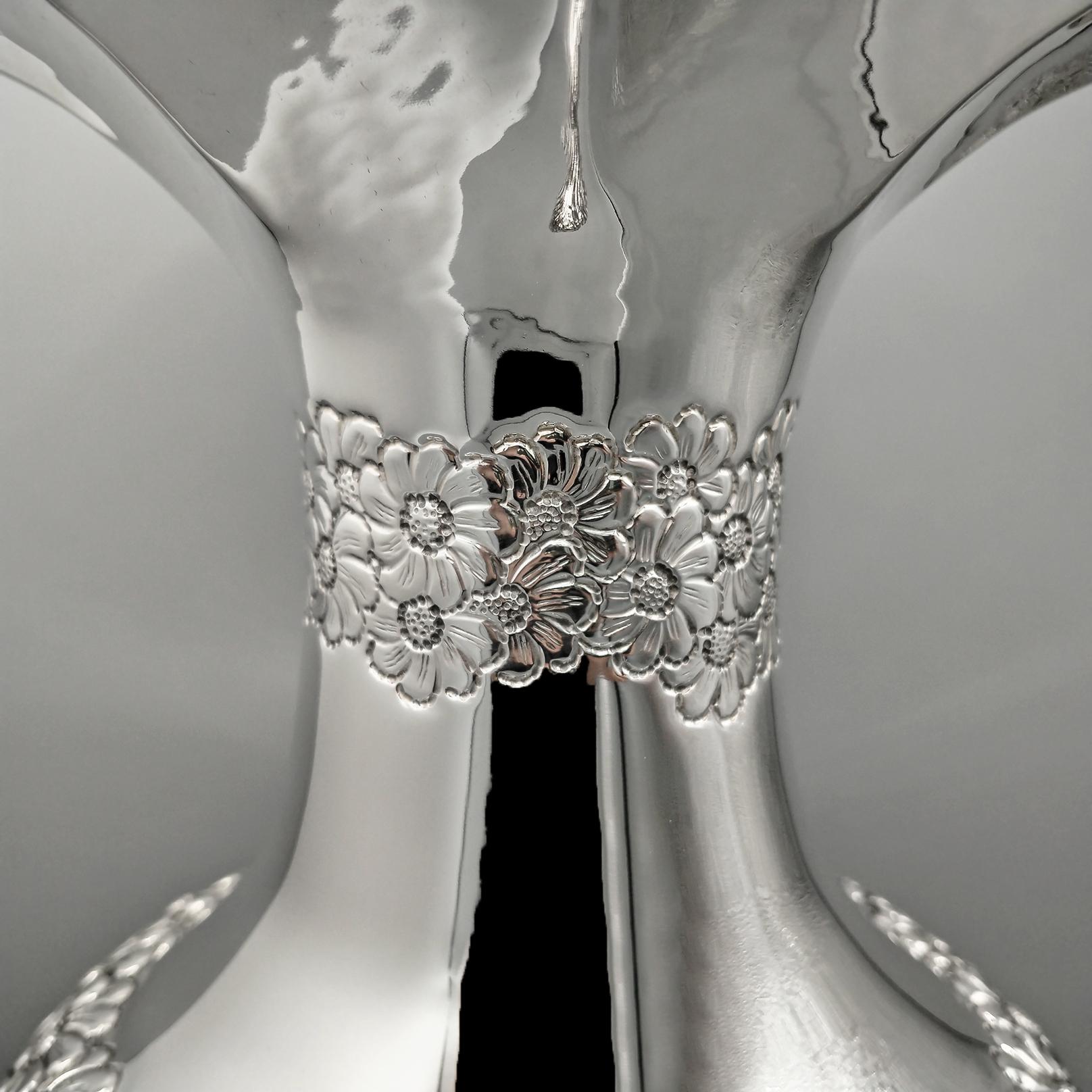 20th Century IXX Century talian solid 800 silver Vase with embossed and chiseled flowers For Sale
