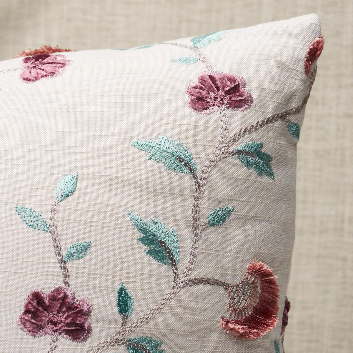 This pillow features Iyla Embroidery with a knife edge finish. Silky, chenille yarns and hand cut fringe give Iyla Embroidery its magnificent texture, extraordinary movement and a gorgeous, three-dimensional effect. Pillow includes a feather/down