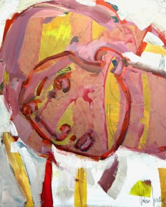 Contemporary Abstract Portrait of a Woman in Pink and Yellow, Gestural Brushwork