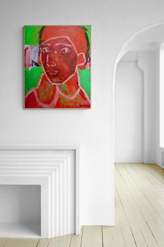 Contemporary Abstract Portrait Painting, Neon Green and Red, by Izabeau Jousse