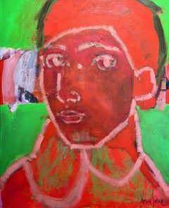 Contemporary Abstract Portrait Painting, Neon Green and Red, by Izabeau Jousse