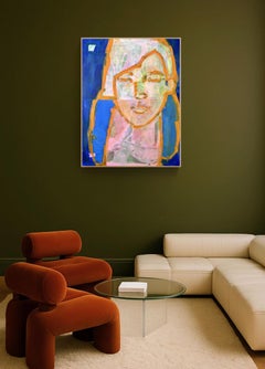 Contemporary Abstract Portrait Painting with Neon Orange Lines by Izabeau Jousse