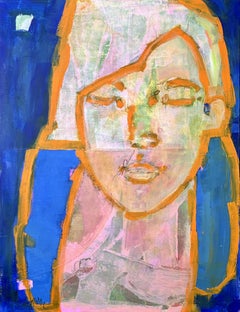 Contemporary Abstract Portrait Painting with Neon Orange Lines by Izabeau Jousse