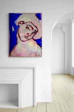 Figurative contemporary painting, blue and pink portrait of a woman