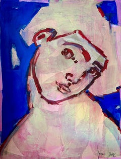 Figurative contemporary painting, blue and pink portrait of a woman