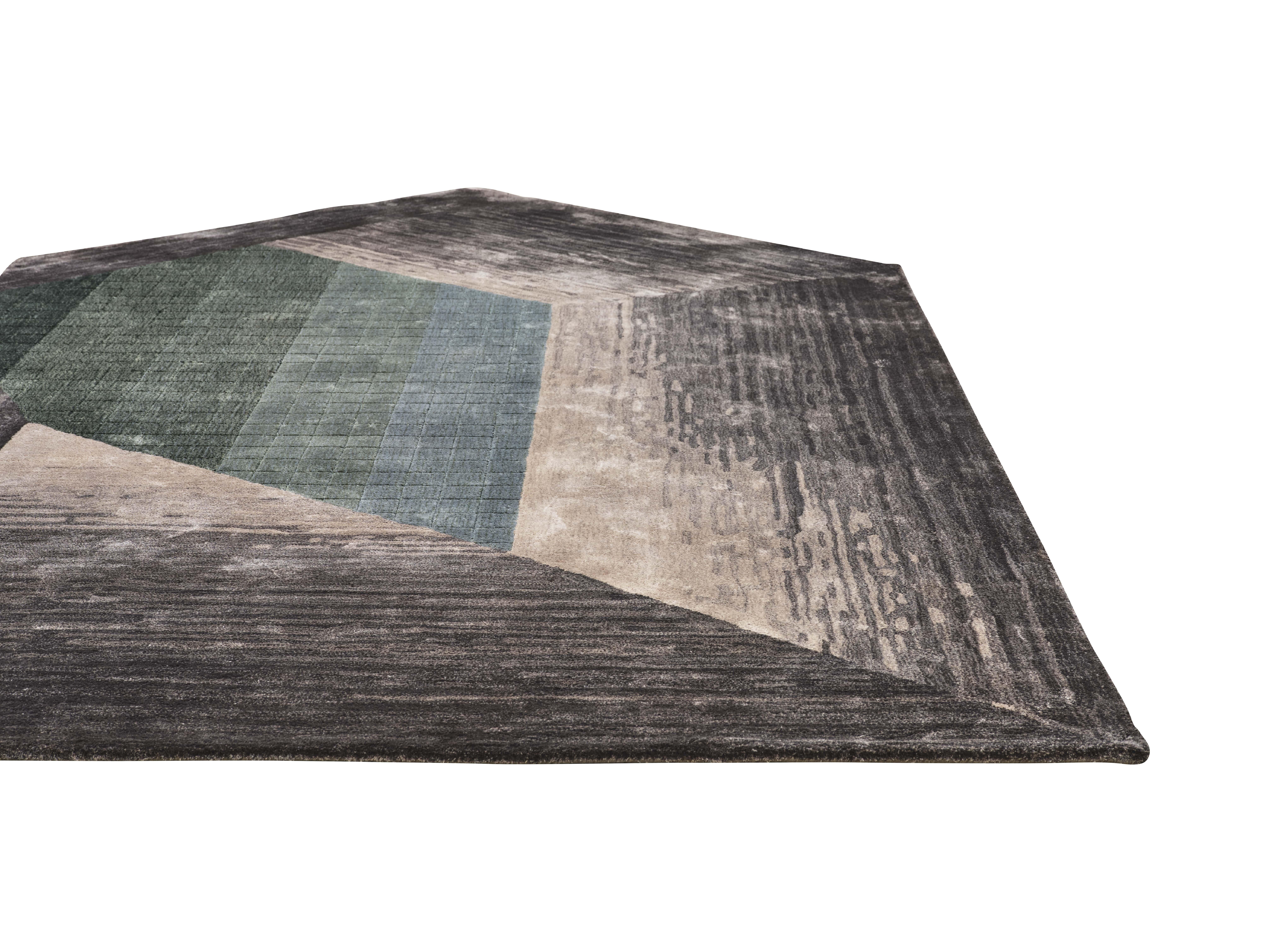 Hand-Crafted IZEL Hand Tufted Modern Shaped Silk Rug in Smoke Green Colour by Hands  For Sale