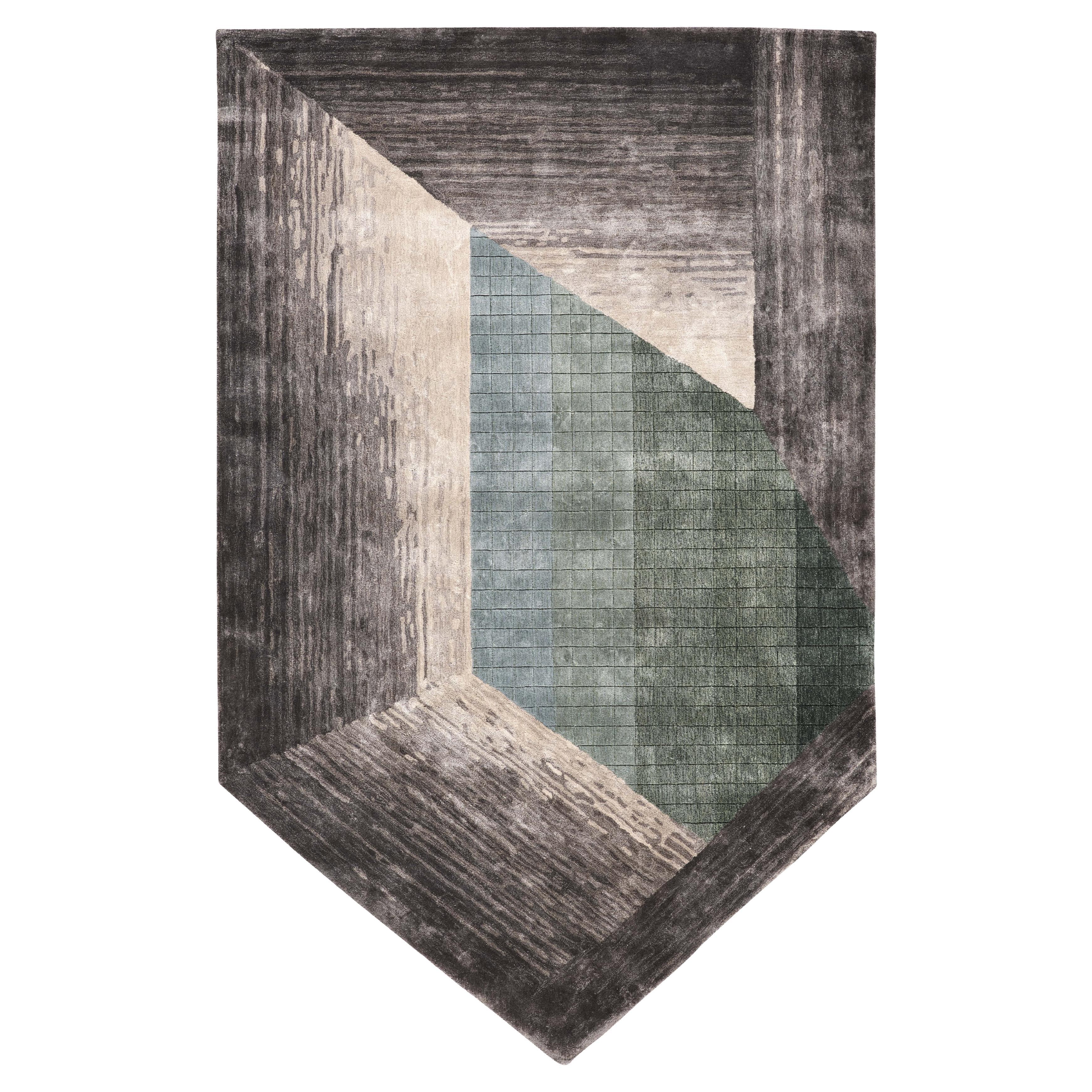 IZEL Hand Tufted Modern Shaped Silk Rug in Smoke Green Colour by Hands