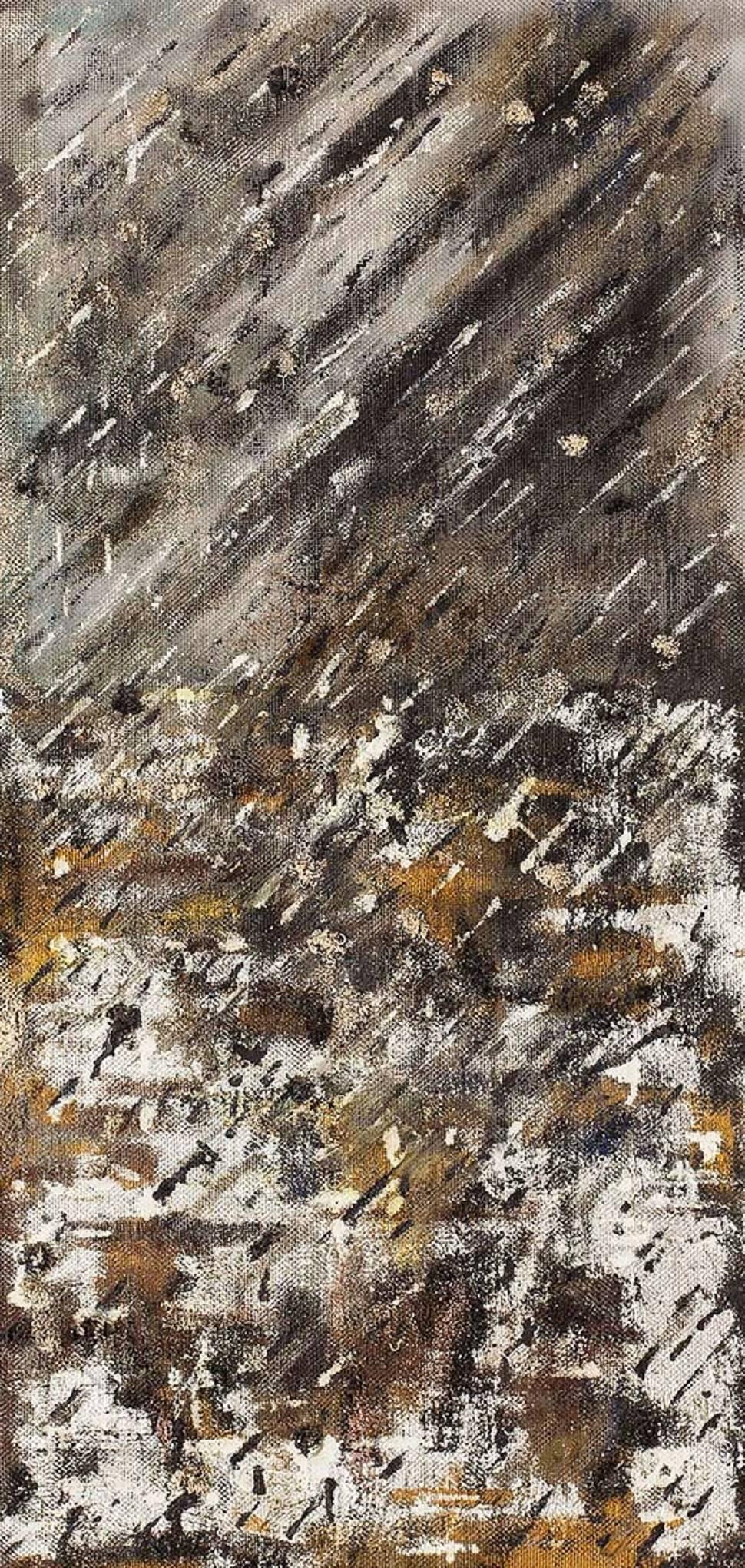 Peinture abstraite technique mixte. Écran à huile sur tissu lamé argenté - Abstrait Painting par Izhar Patkin