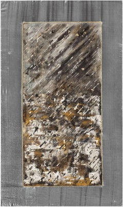Peinture abstraite technique mixte. Écran à huile sur tissu lamé argenté