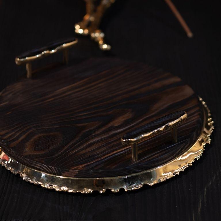 Hand-Crafted Izki Tray – Pinewood Serving Tray with Refined Brass Accents For Sale