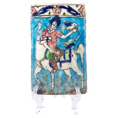 Iznik Persian Qajar Glazed Rider Ceramic Pottery Tile 19th Century 