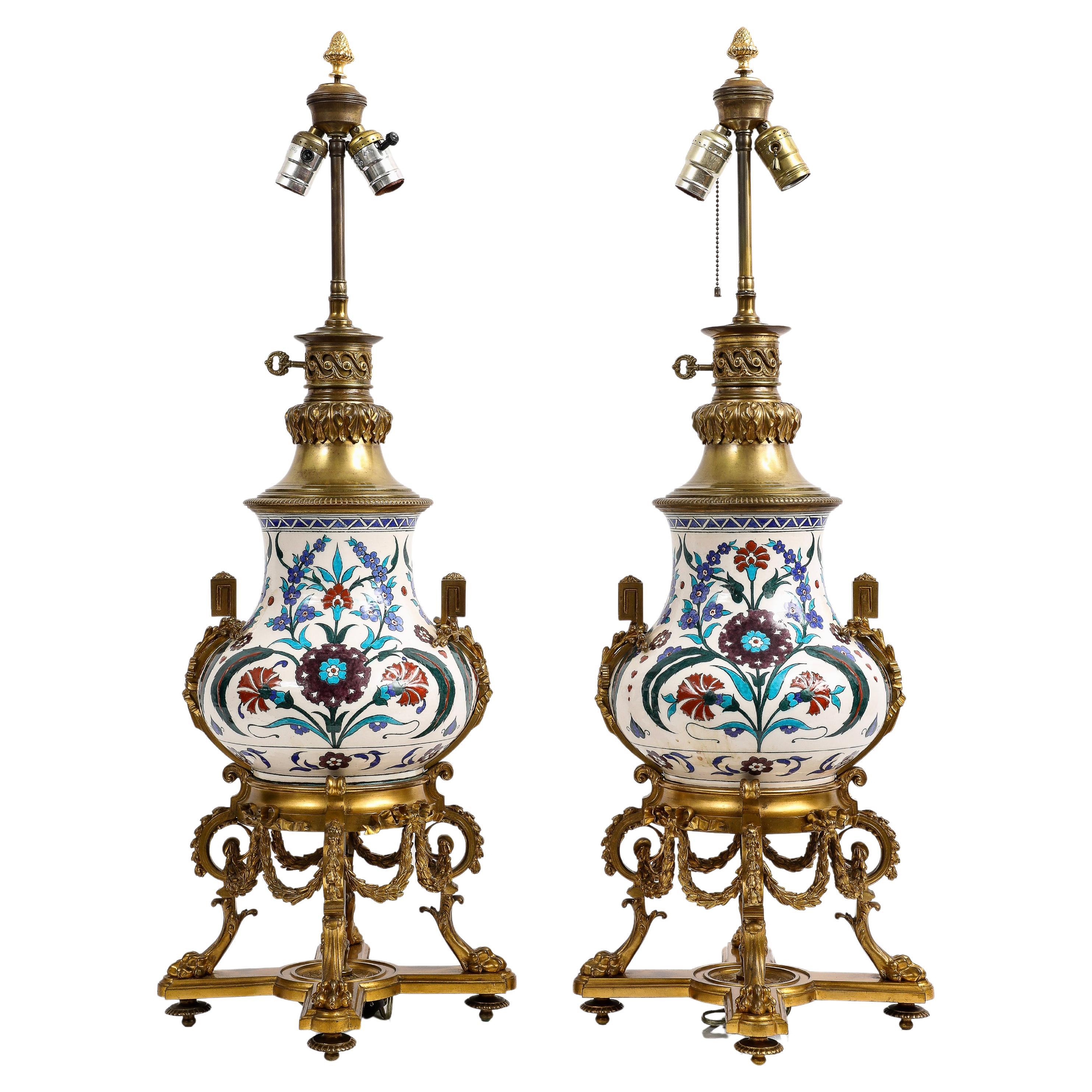 Iznik Porcelain Vases Mounted as Lamps with French Ormolu, att. Theodore Deck For Sale