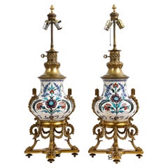 Iznik Porcelain Vases Mounted as Lamps with French Ormolu, att. Theodore Deck
